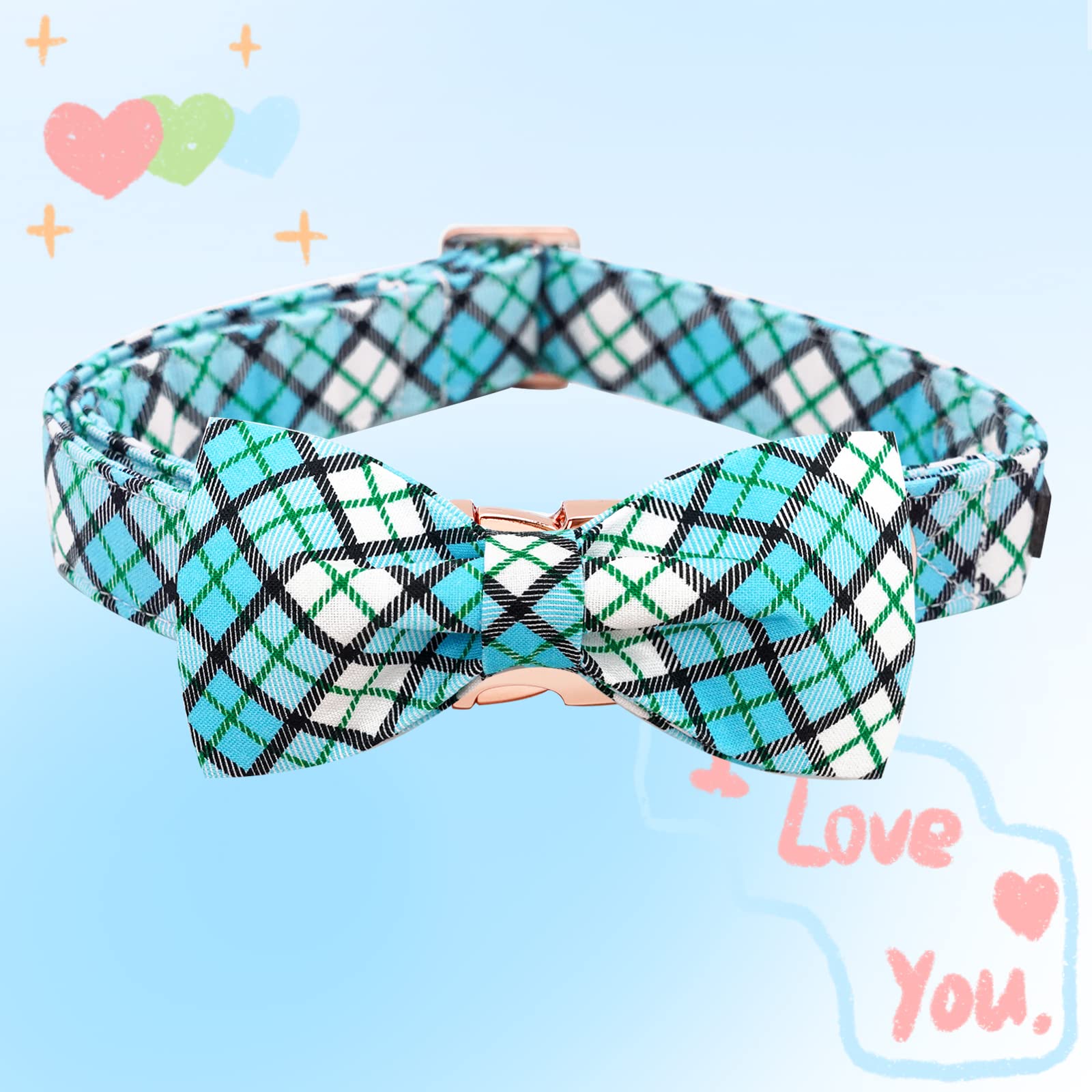 Elegant little tail Dog Collar, Blue Plaid Dog Collar with Bow Boy Dog Collar Pet Collars Soft Dog Bowtie Adjustable Dog Collar