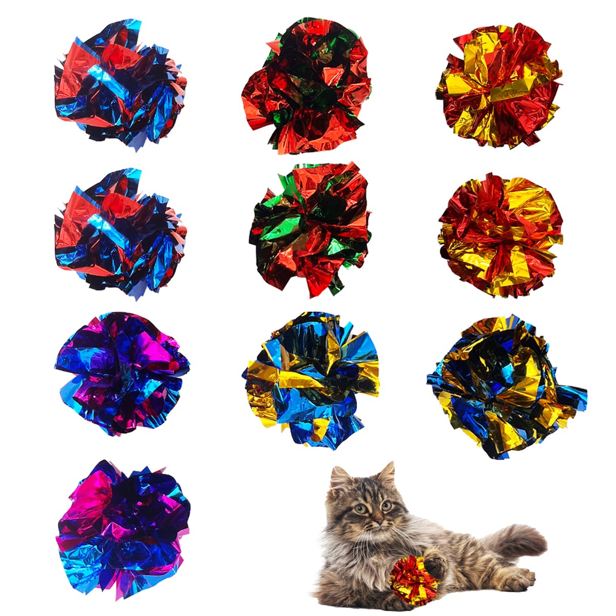 Quvovid Cat Crinkle Ball Toys 10 Packs For Indoor Cats To Kill Time And Keep Fit, 2.3 Inch Colorful Mylar Crinkle Balls Attract 