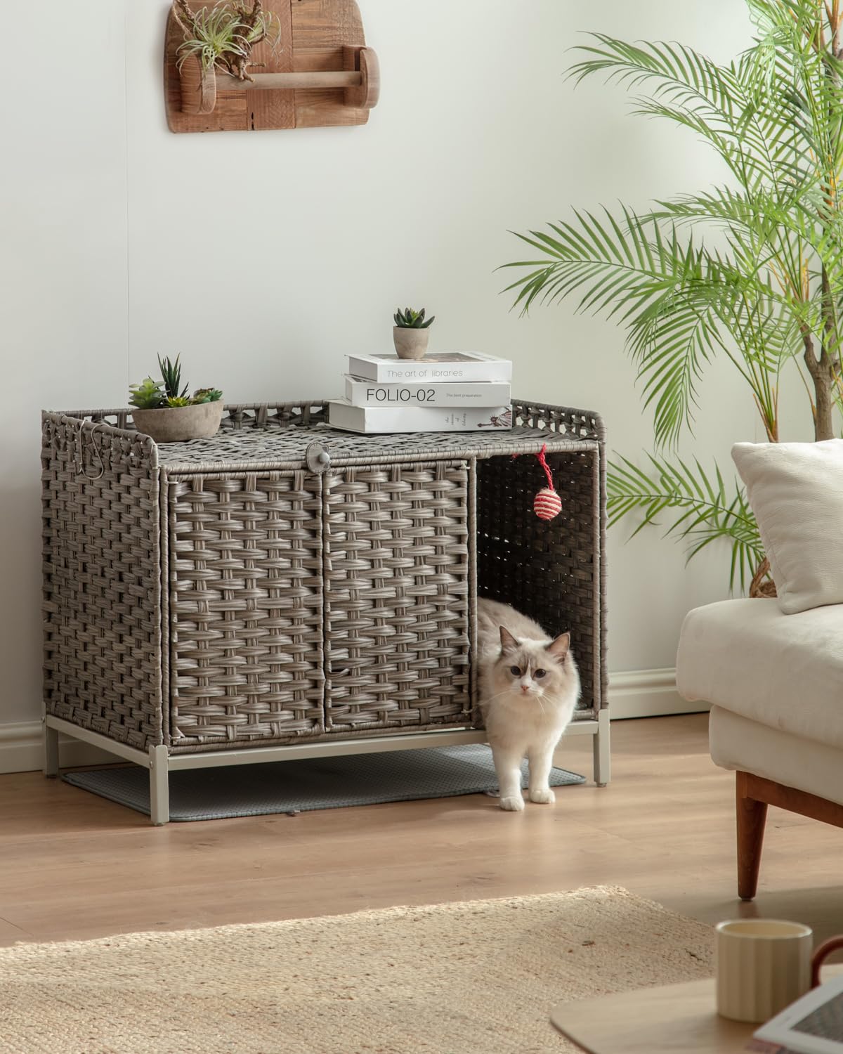 Setvson Cat Litter Box Enclosure Furniture With Divider, Handwoven Rattan Litter Box With Mat, 31.2 X 19.6 X 24.2 Inches, Metal