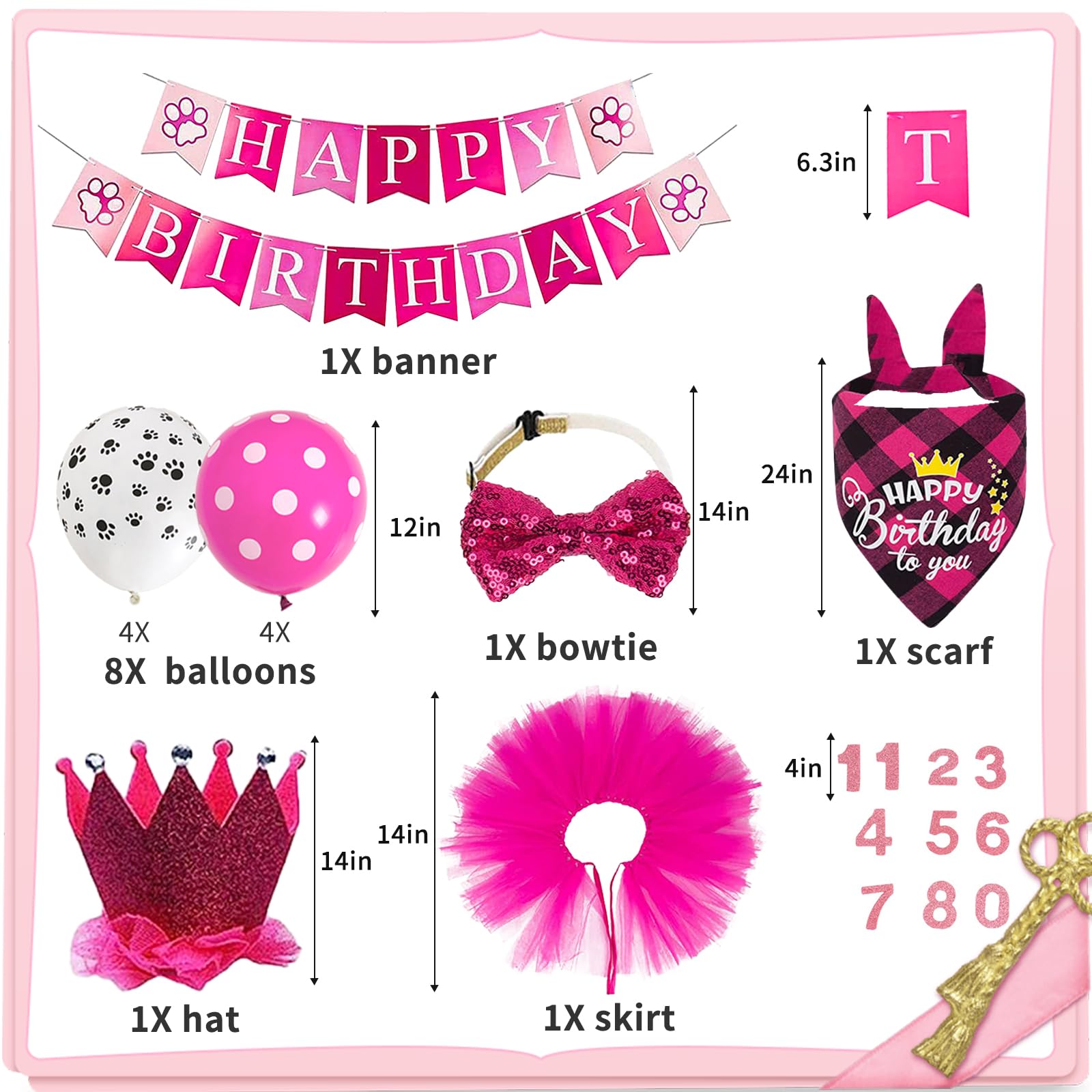 Dog Birthday Bandana Girl Dog Birthday Party Supplies with Red Dog Tutu Crown Scarf Numbers Red Bowtie Dog Tutu Skirt Paw Balloo