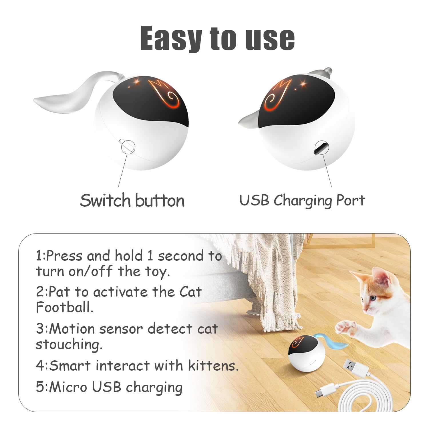 Migipaws Interactive Cat Ball Toy Set, Fun Tracker, Automatic Rolling Chase Ball With Fluffy Tail, A Small Mice, Rechargeable(White)