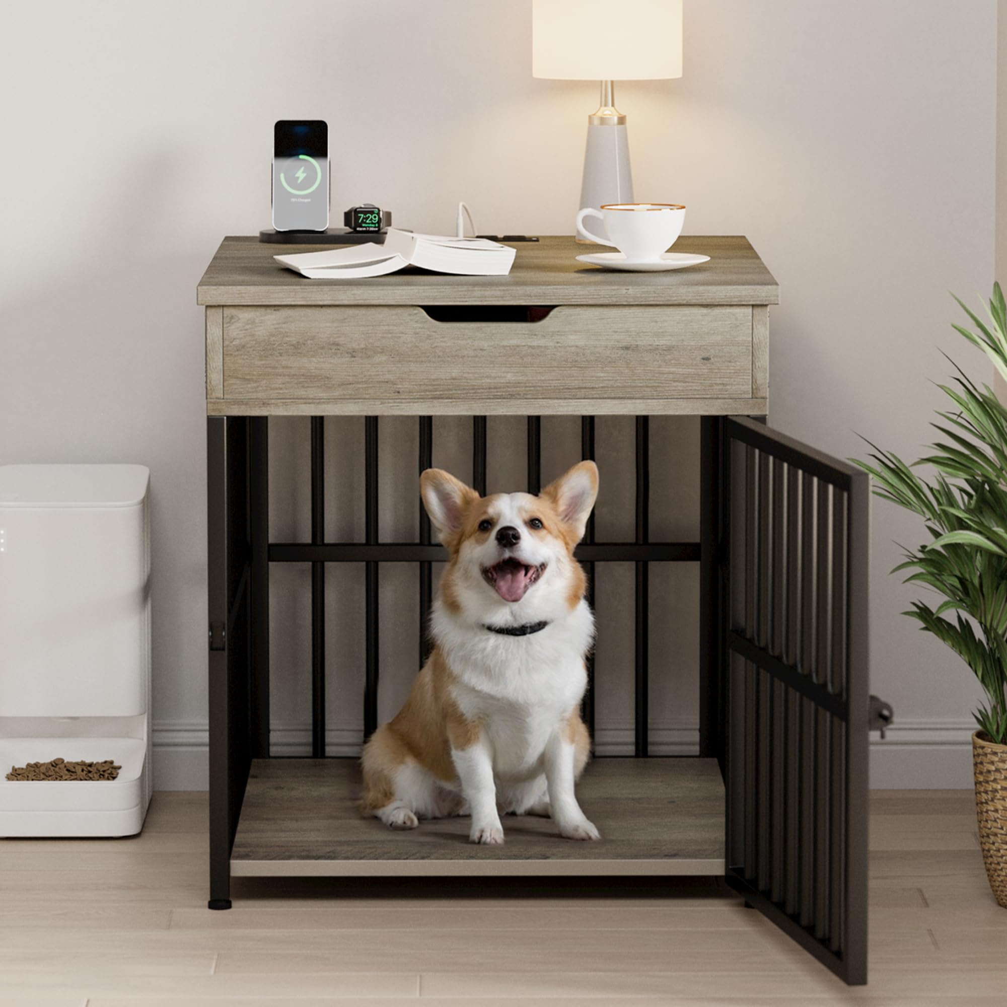 IRONCK Dog Crate Furniture for Small Dogs, Wooden Dog Kennel with Flip Top Drawer, Indoor Pet Crate End Table with Charging Stat