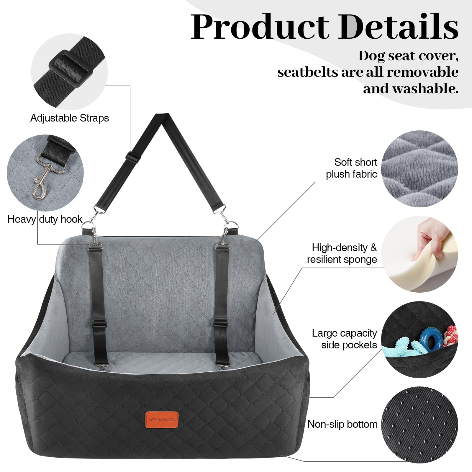 Wooaidagg Dog Car Seat for Medium & Large Dogs Up to 55lbs, Memory Foam Cushion, Washable Cover, Safety Straps & Non-Slip Base(B