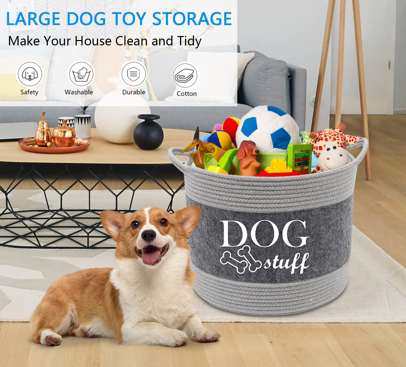 Morezi Cotton felt round dog toy box and dog toy basket storage with handle, doggie toy bin - Good idea for organizing pet toys,