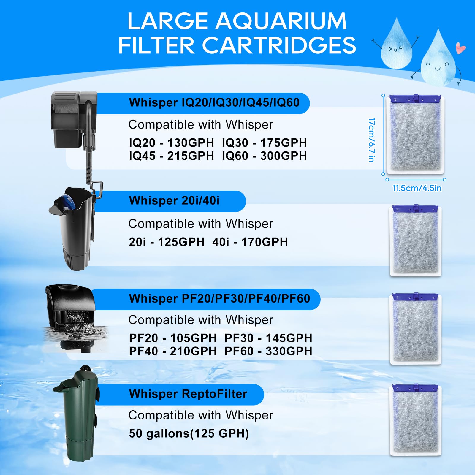 Cunina 16-Pack Filter Cartridges Large Compatible With Tetra Whisper Bio-Bag Aquarium Filters, Fish Tank Filters Replacement For