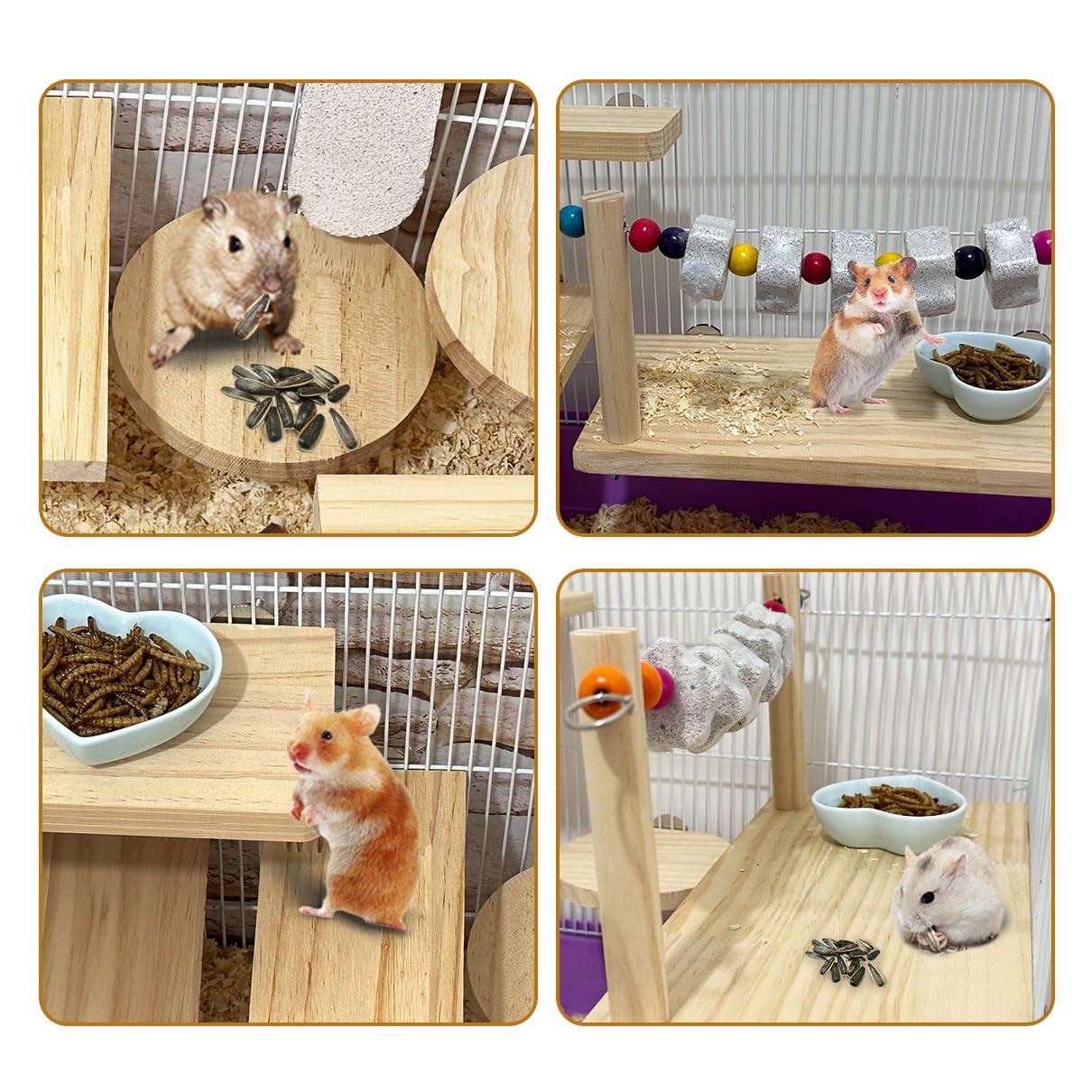 Niwaes 7 Pcs Chinchilla Ledges Wood Sets, Hamster Wooden Stand Platform With Lava Ledge Blocks Chew Toys Small Animal Cage Acces