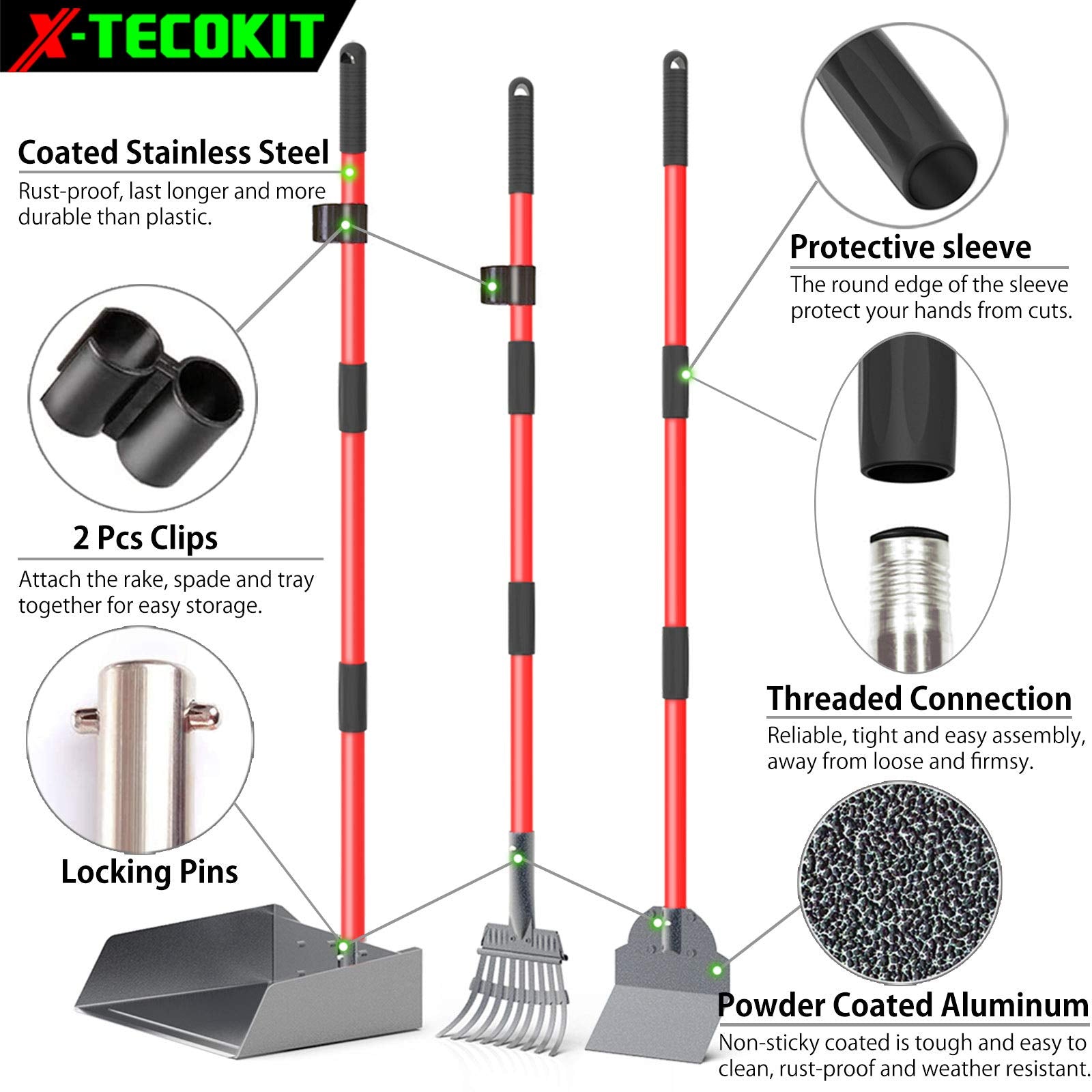 X-Tecokit Larger Pooper Scooper - Durable & Sturdy Rake, Spade, Tray Set With Long Handle Great For Large Small And Multi Dogs - Poop Scoop No Bend Down Easy To Use For Yard Grass Gravel Dirt