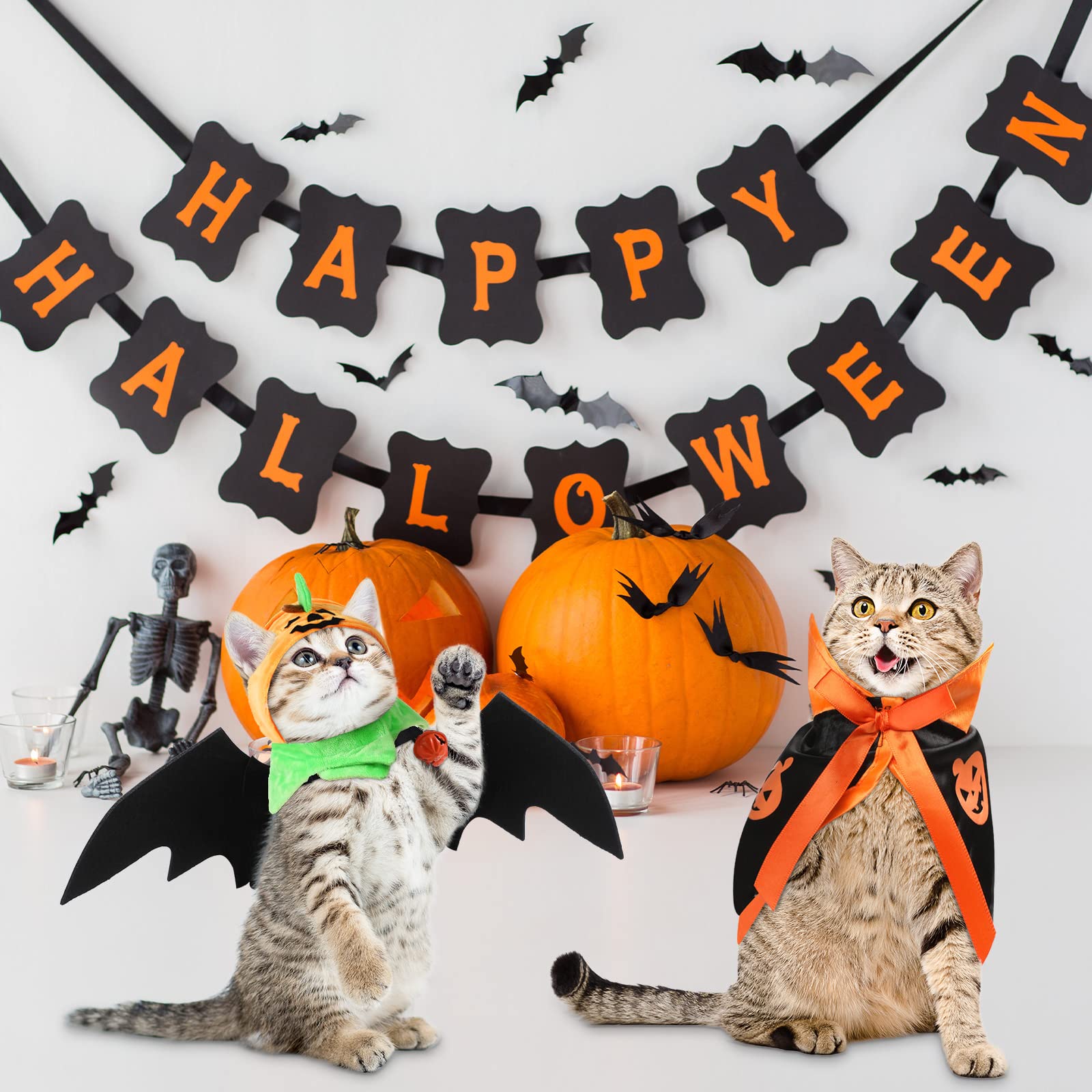 4 Pieces Halloween Costumes For Cat, Pumpkin Cape For Cat, Cute Pumpkin Cat Hats, Cat Bat Wings With Bell, Halloween Costume For Puppy Cat Cosplay Dress Up Accessories
