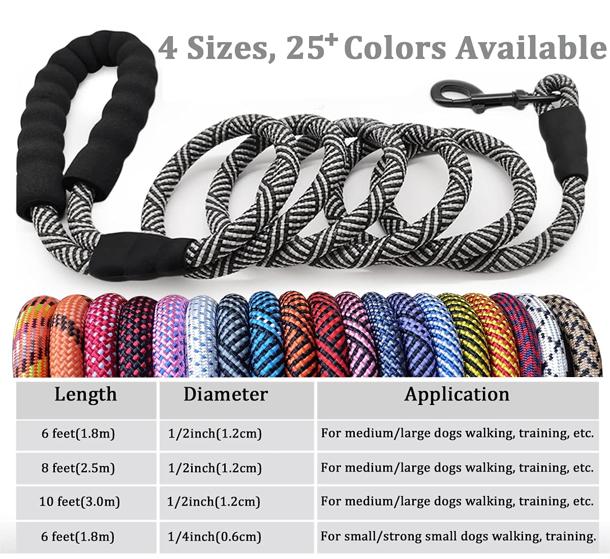 Maypaw Heavy Duty Rope Dog Leash, 3/4/5/6/7/8/10/12/15 Ft Nylon Pet Training Leash, Soft Padded Handle Thick Lead Leashes For Large Medium Dogs (1/2' 6', Purple)
