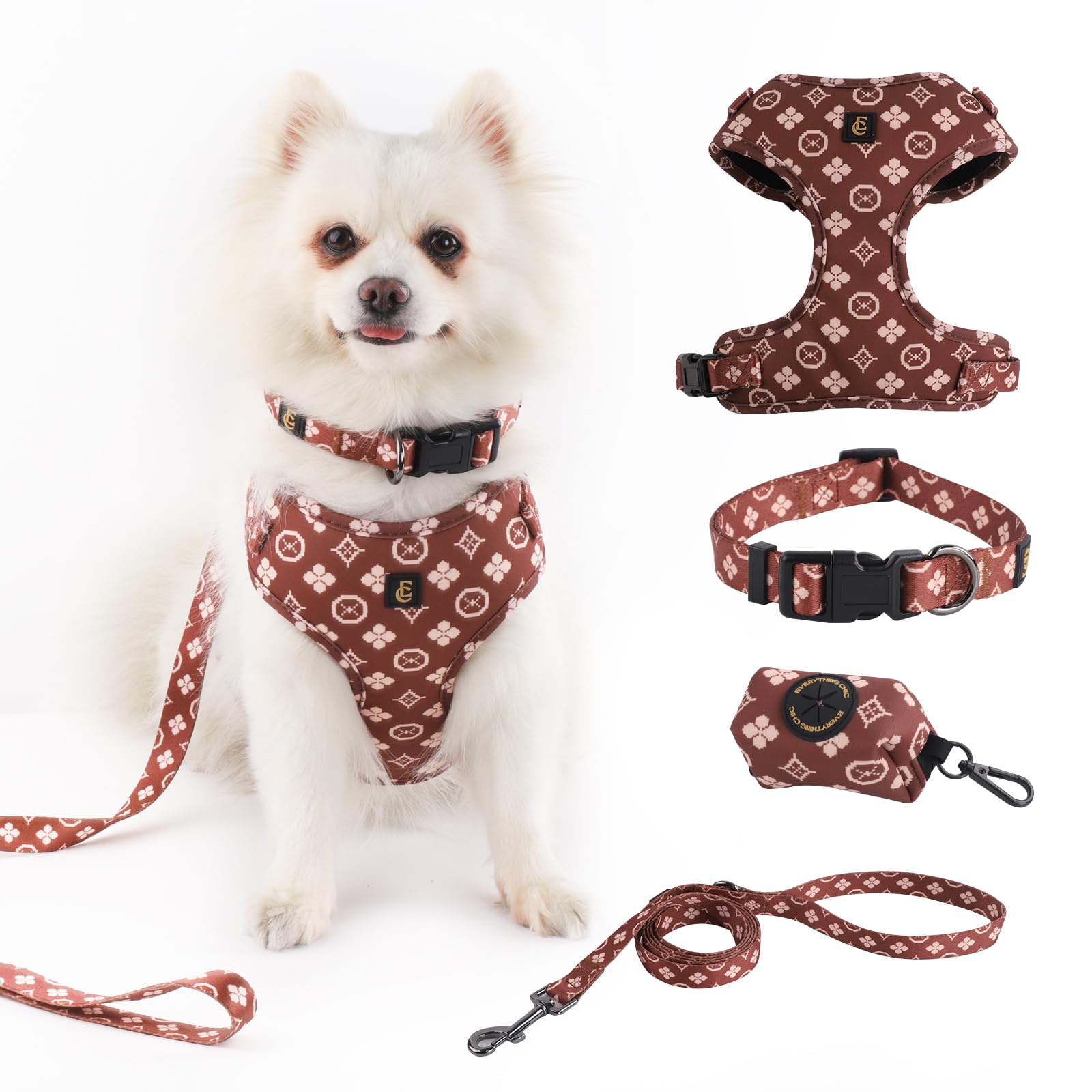 Adjustable Dog Harness, Leash, Poop Bag Holder/Dispenser And Bandana Set, No Pull, Soft Mesh Padded, For Small/Medium Dogs, Outd
