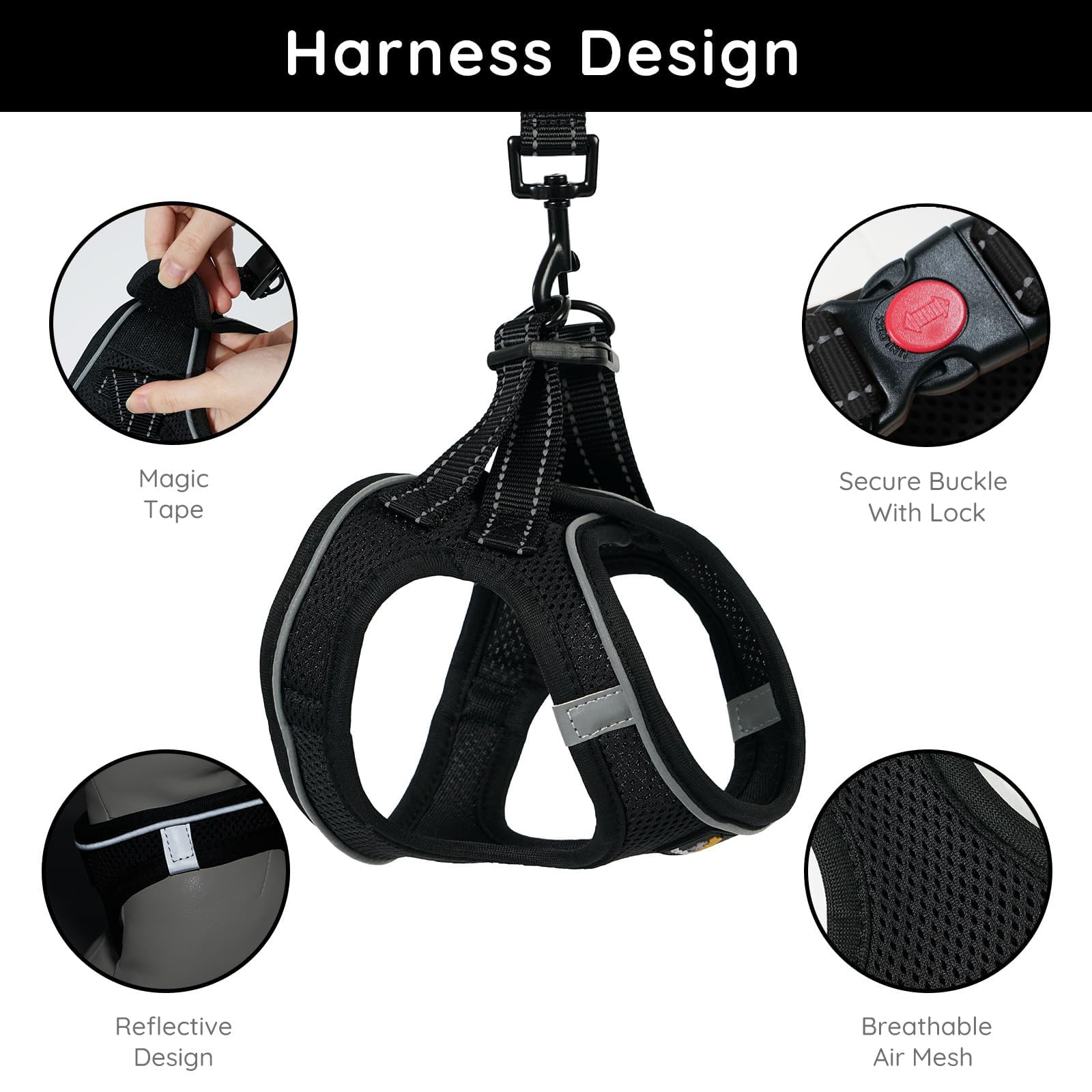 Bella & Pal Puppy Harness & Leash Set, No Pull Step-In Harness For Extra Small Dogs, Black