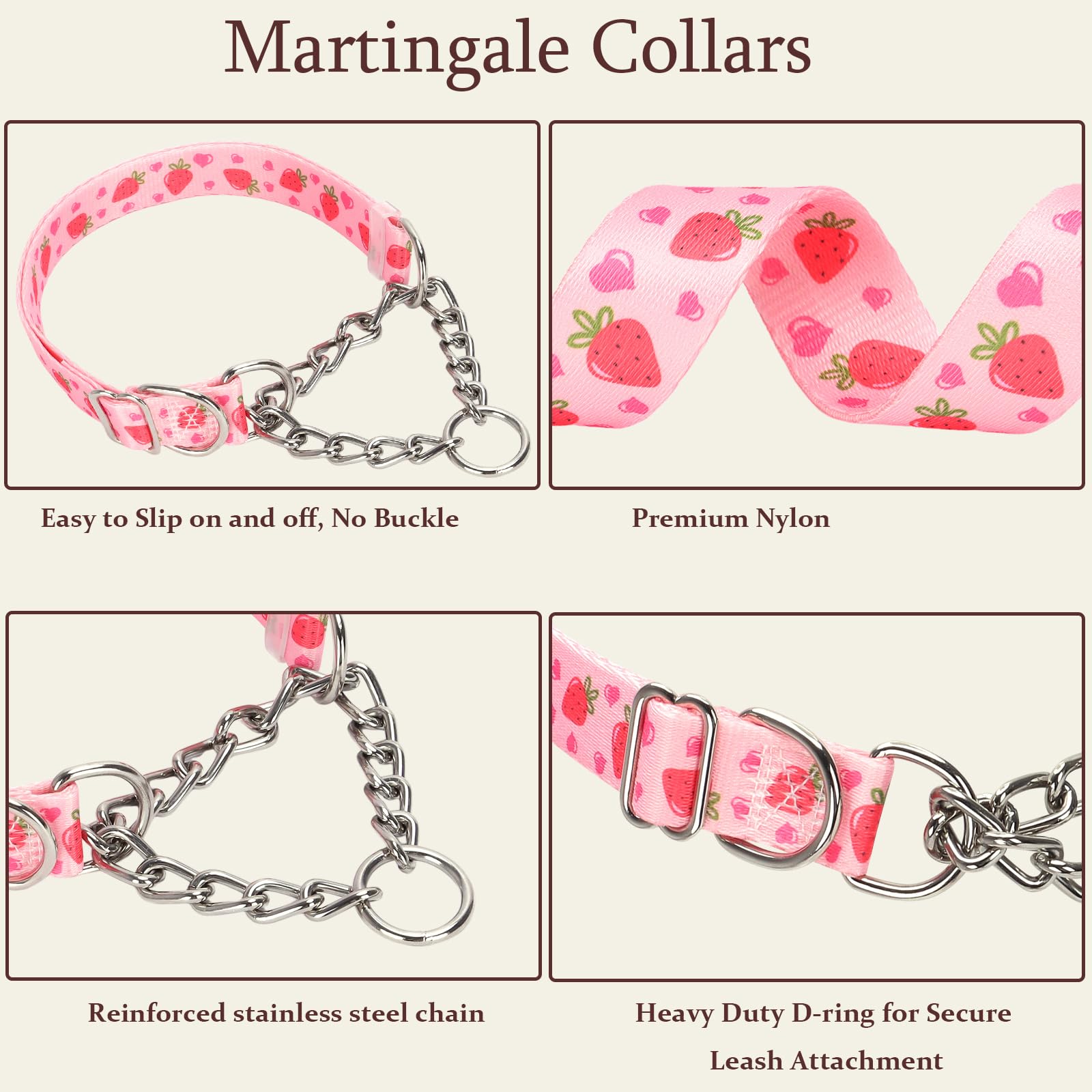 Martingale Collar For Dogs With Nylon & Steel Chain Limited Cinch Design, Pink Strawberries No Choke Dog Collar, Adjustable No P