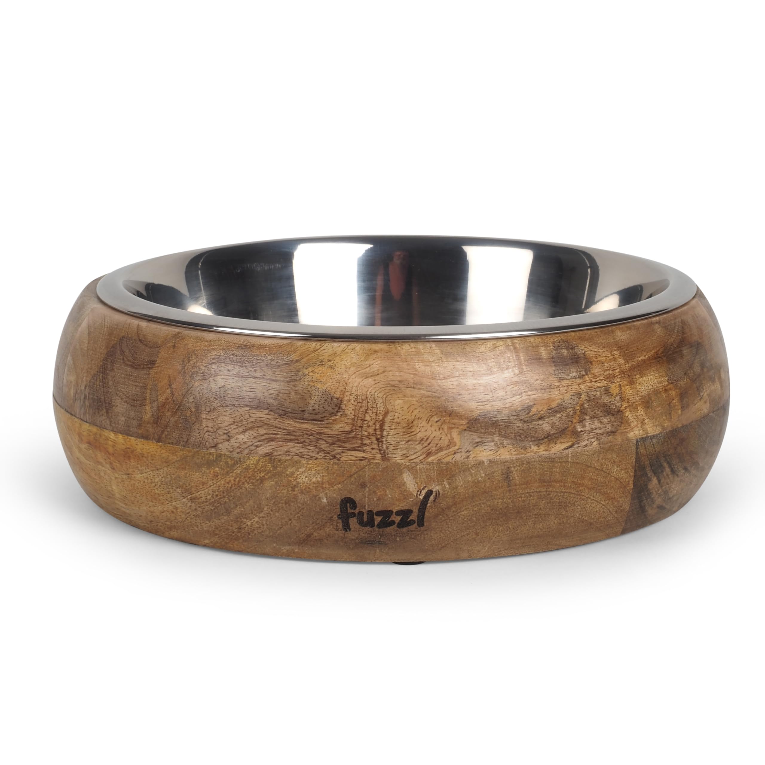 Fuzzl Titan Mango Wood & Stainless Steel Bowl 9.5 Inch Large - Natural Dog Bowl for Indoors and Outdoors with Rubber Base