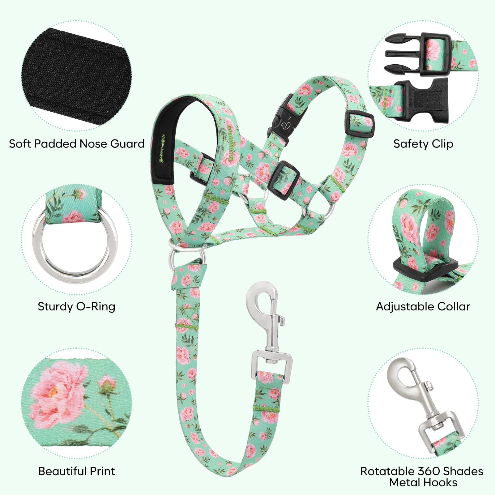 Ezierfy Dog Head Collar, Printed No-Pull Headcollar, Adjustable Dog Head Halter Gentle Lead With Safety Link, 3 Colors Muzzle Le