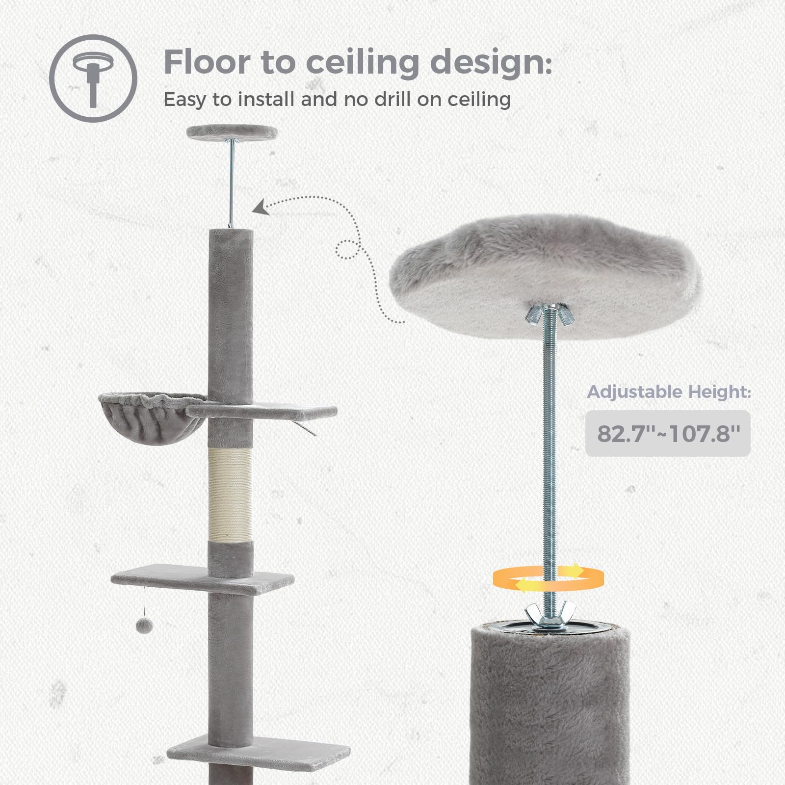 Petepela Floor To Ceiling Cat Tree, Cat Tower 5 Tiers Tall (83-108 Inches) Adjustable Height, Cats Climbing Tree Featuring With