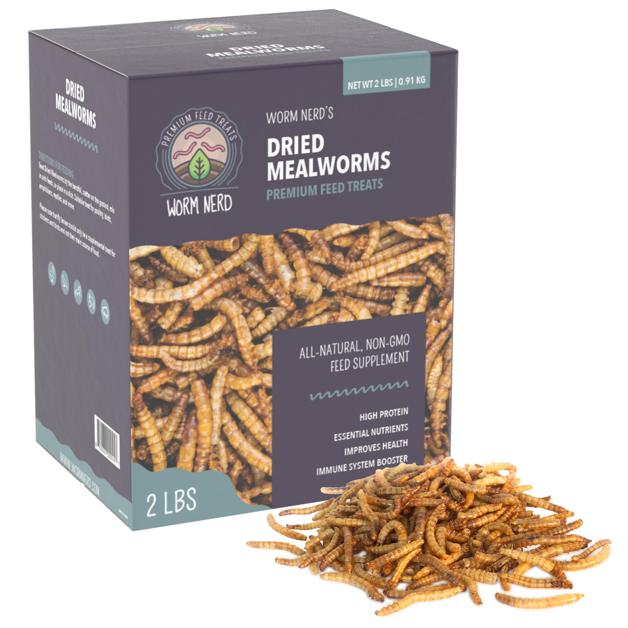 Worm Nerd WN59 2LB Dried Mealworms Non-GMO High Protein and Fiber Treat for Chickens, Birds, Reptiles, Amphibians, Fish