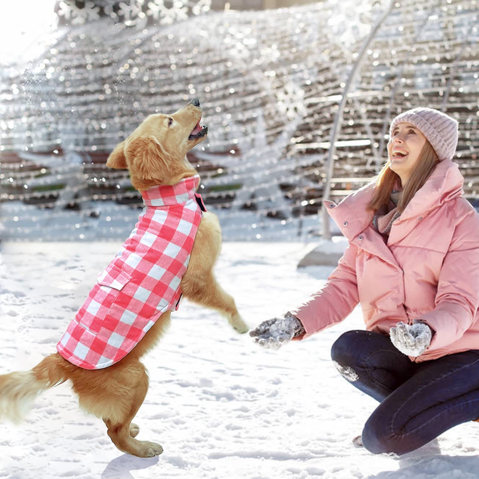 Malier Dog Winter Coat, Classic Plaid Fleece Dog Cold Weather Coats Dog Jacket With Pocket, Windprood Warm Dog Coat Vest Winter
