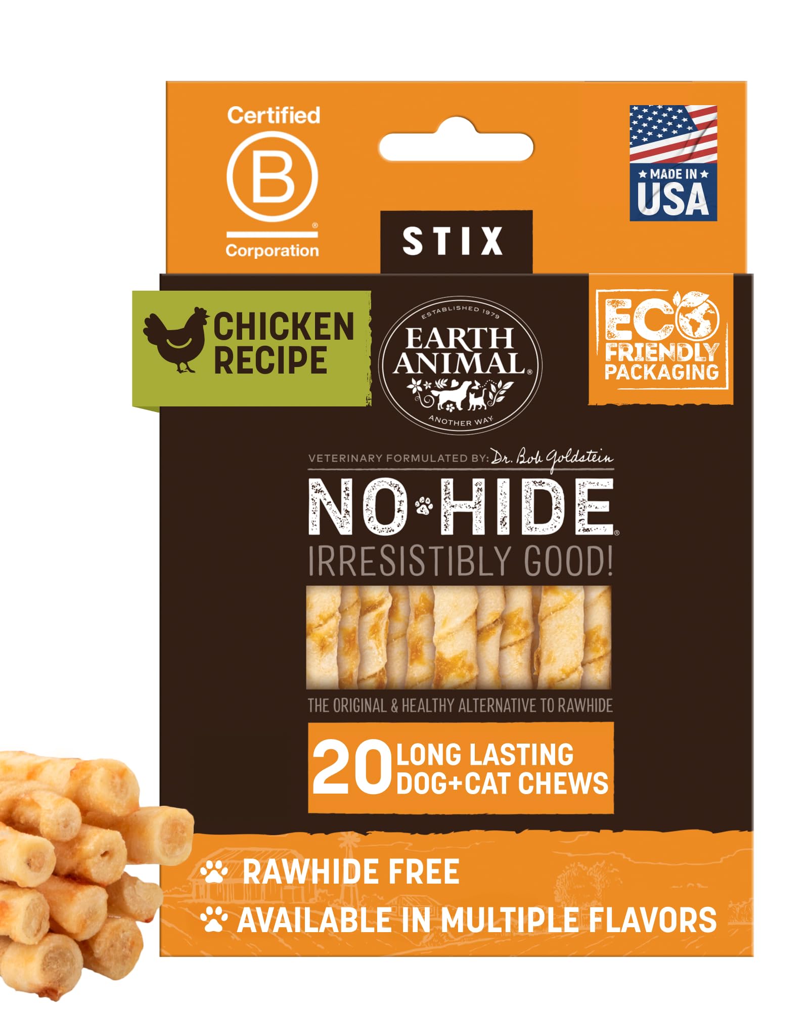 Earth Animal No Hide Stix - Long Lasting Rawhide Free Small Dog Chews Sticks, Chicken - 20 Count Value Pack