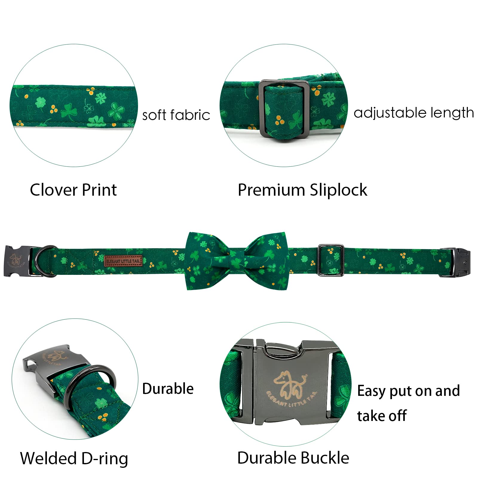 Elegant Little Tail St. Patrick'S Day Dog Collar With Bow - Green Clover Bowtie Adjustable For Large Dogs - Pet Gift