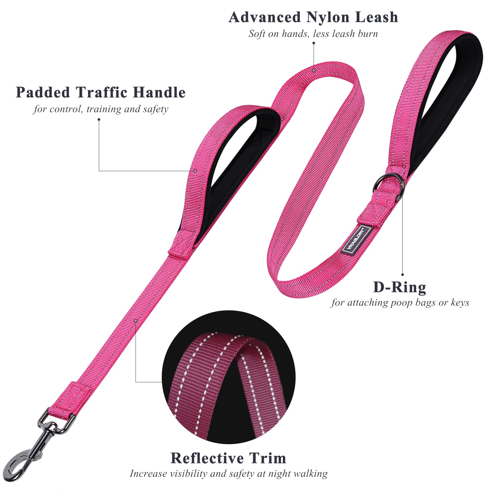 Vivaglory Traffic Handle Dog Leashes, Two Padded Soft Handles Strong Dog Leash, Reflective & Metal Hook Training Pet Lead, Pink