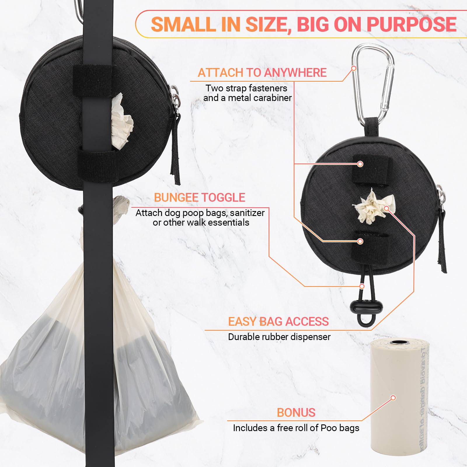 Dog Poop Bag Holder for Leashes- Dog Treat Pouch with Waterproof Zipper,Puppy Training Small Bag with Carabiner & Bungee Toggle,