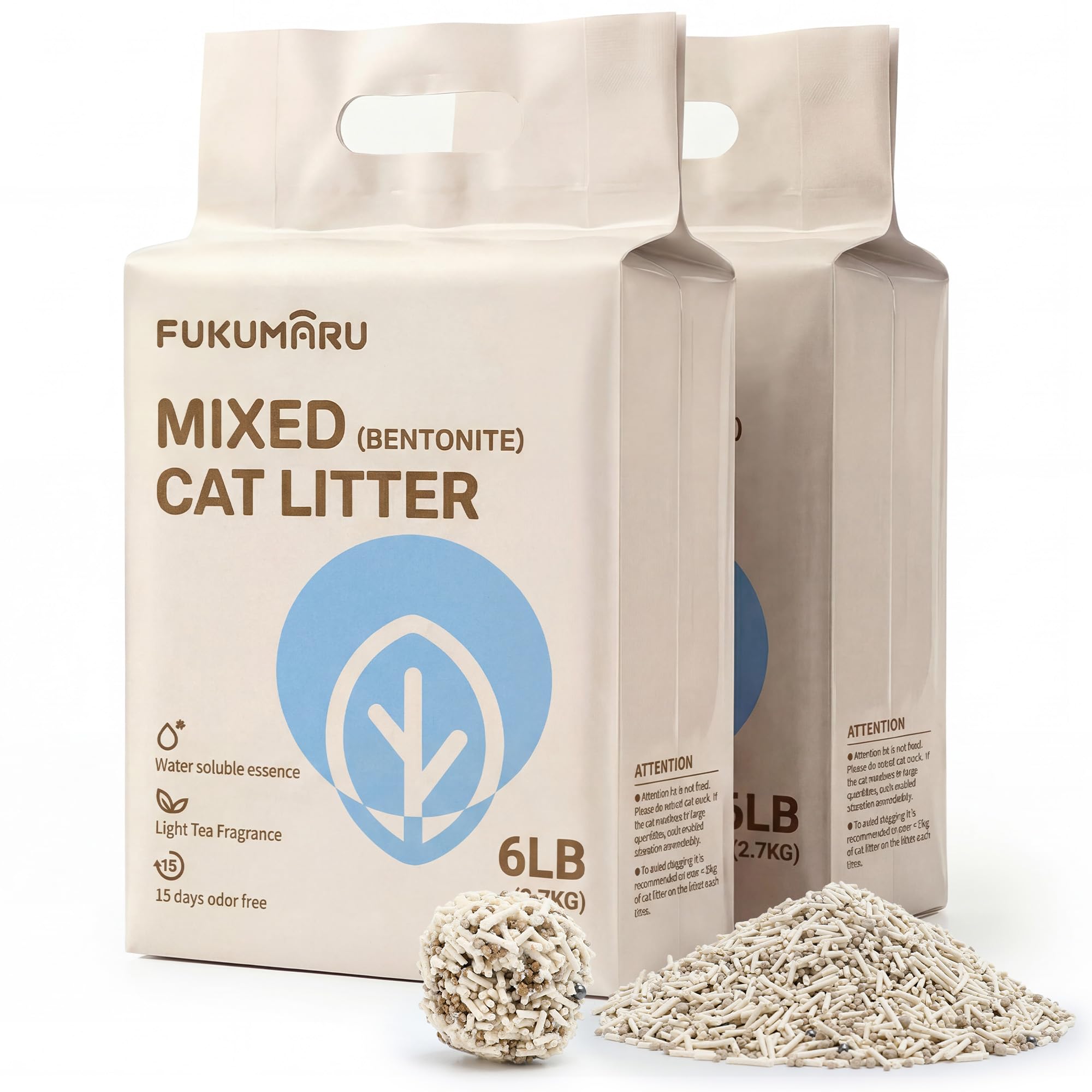 FUKUMARU Tofu Cat Litter, Strong Clumping Cat Litter Pellets, Effective Odor Control, Ultra Absorbent, Dust Free, Natural, Flush