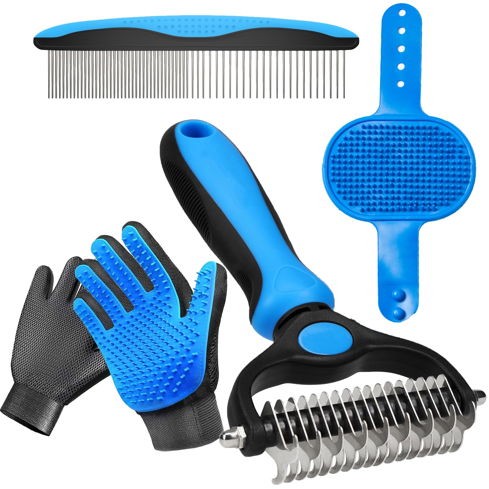4 Pack Pet Grooming Kit - Deshedding Rake, Fine Tooth Comb, Grooming Gloves & Bath Brush for Dogs,Cats and Horses - Skin Friendl