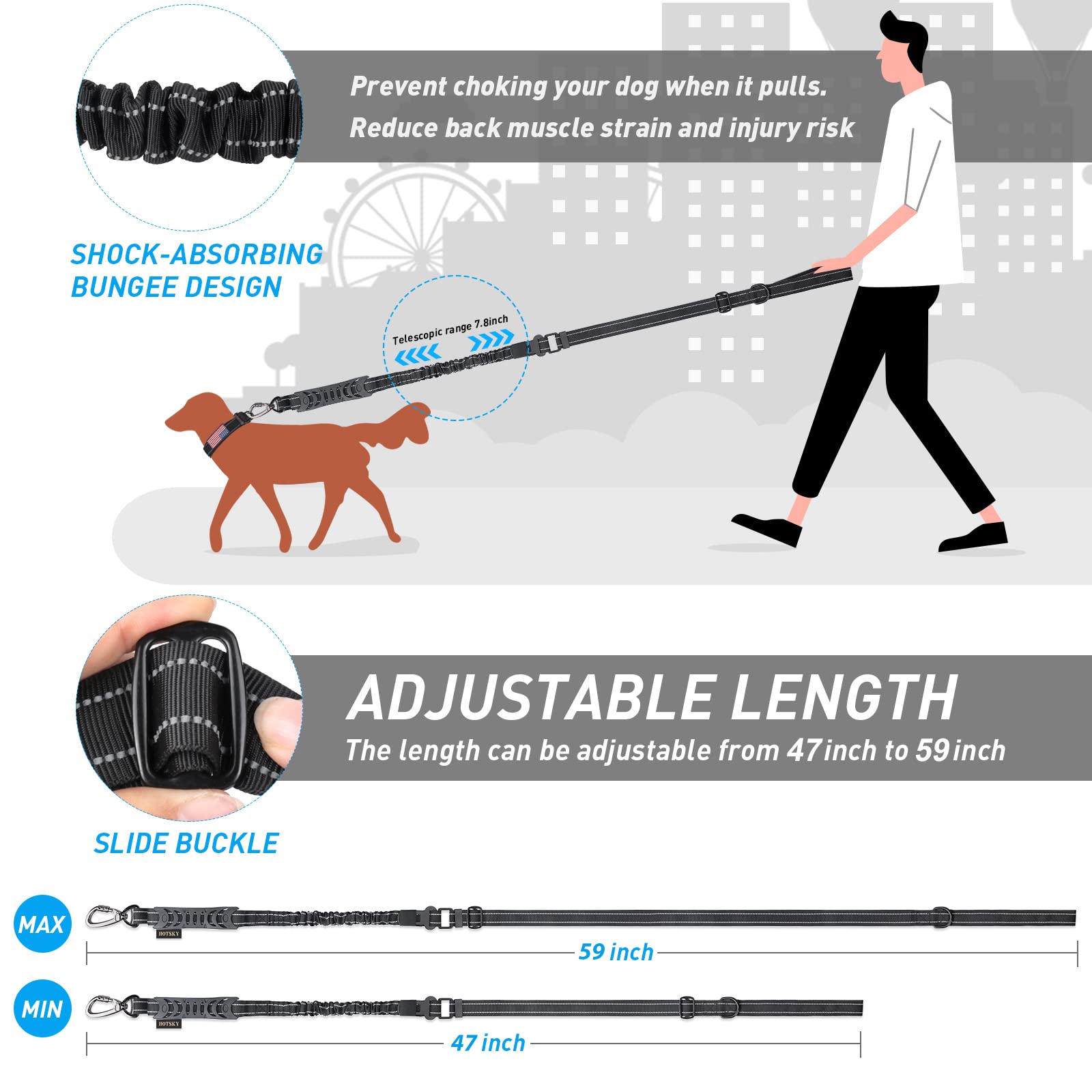 Hotsky Dog Leash For Large Dogs, Heavy Duty Tactical Dog Leash Rope With Control Handle Car Seatbelt Highly Reflective Threads, 4Ft 6Ft Retractable Bungee Dog Leash Tether With For Training, Black