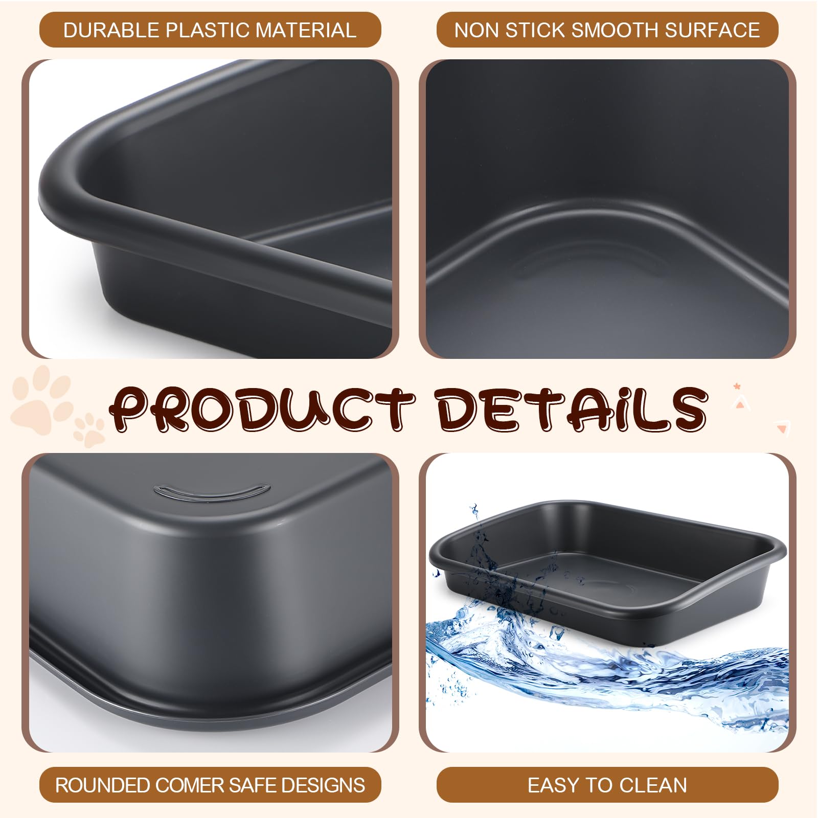 Uiifan 3 Pcs Low Entry Senior Cat Litter Box Large Size Pet Low Entry Open Top Litter Box For Senior Kitten Frail Handicap Disabled Older Elderly Cats, Easy To Clean(Dark Gray)