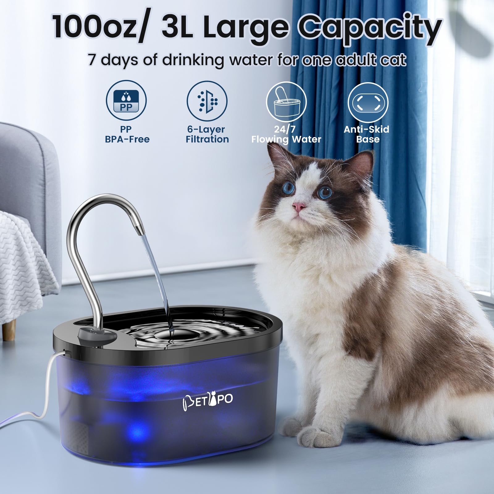 Cat Water Fountain Auto Shut-Off, 100Oz/3L Cat Fountain, Super Silent Pet Water Fountains For Cats Indoor, Led Water Level Alarm