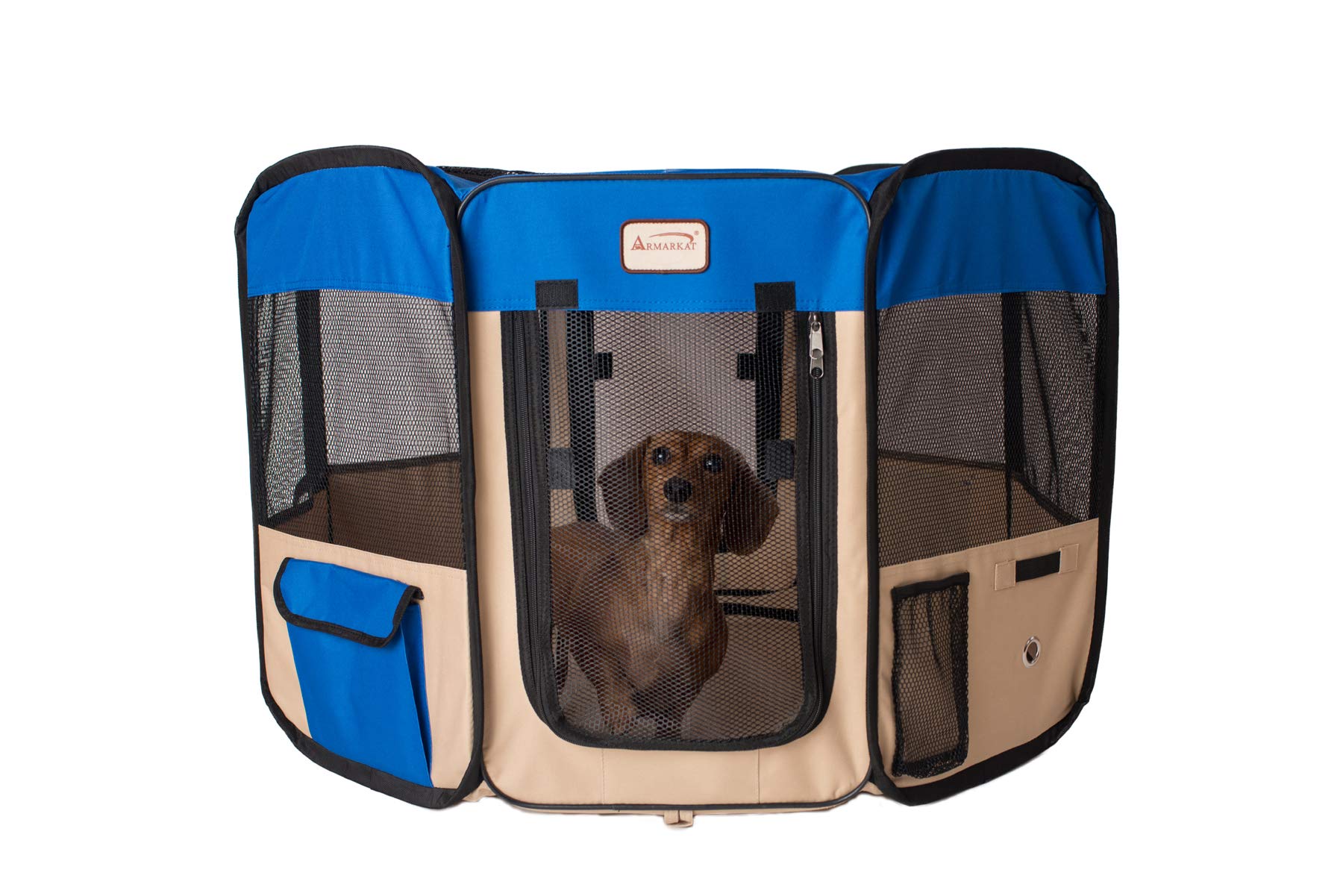 Armarkat Model PP001B-M Portable Pet Playpen in Blue and Beige Combo, Medium