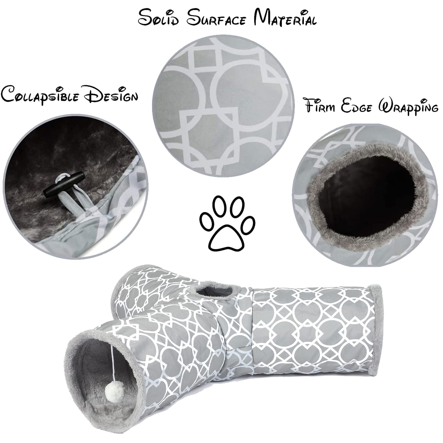 LUCKITTY Geometric Cat Tunnel - Plush Inside, Collapsible Tube for Cats, Kittens, Rabbits, Dogs - Grey-White, 3 Way, Model 1