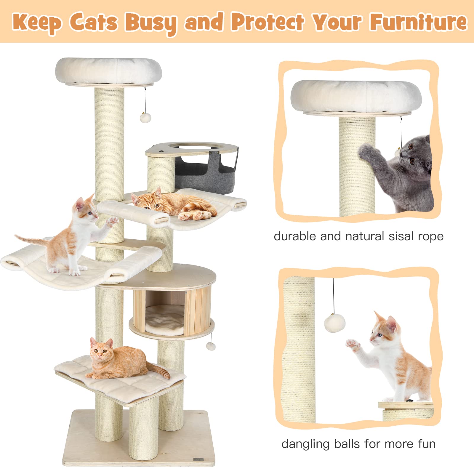 Petsite 77.5'' Tall Cat Tree, Multi-Level Modern Cat Tower With Sisal Scratching Posts, Top Perch, Cat Condo, Hammocks, Hanging