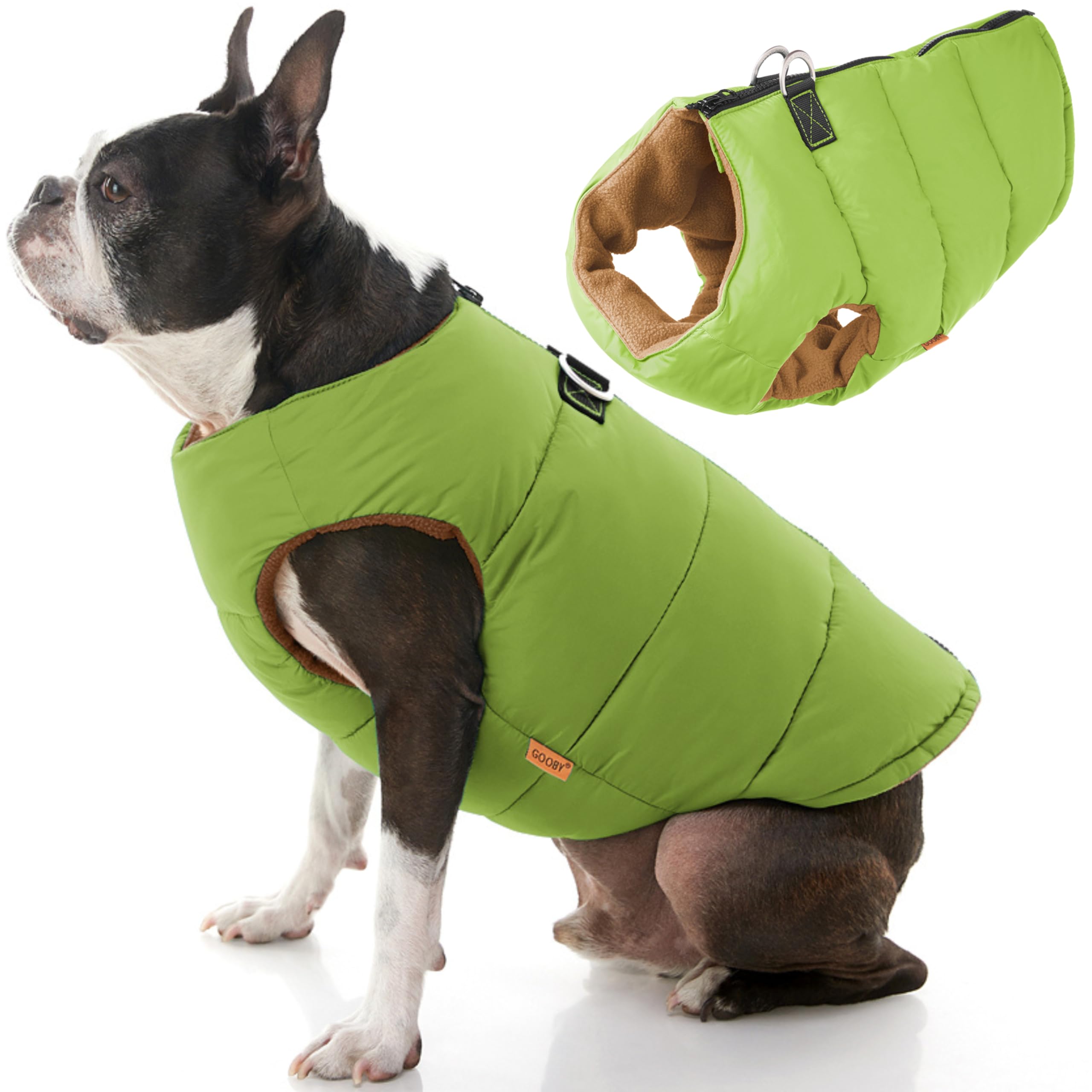 Gooby Padded Vest Dog Jacket - Solid Green, X-Large - Warm Zip Up Vest Fleece Jacket With Dual D Ring Leash - Water Resistant Sw