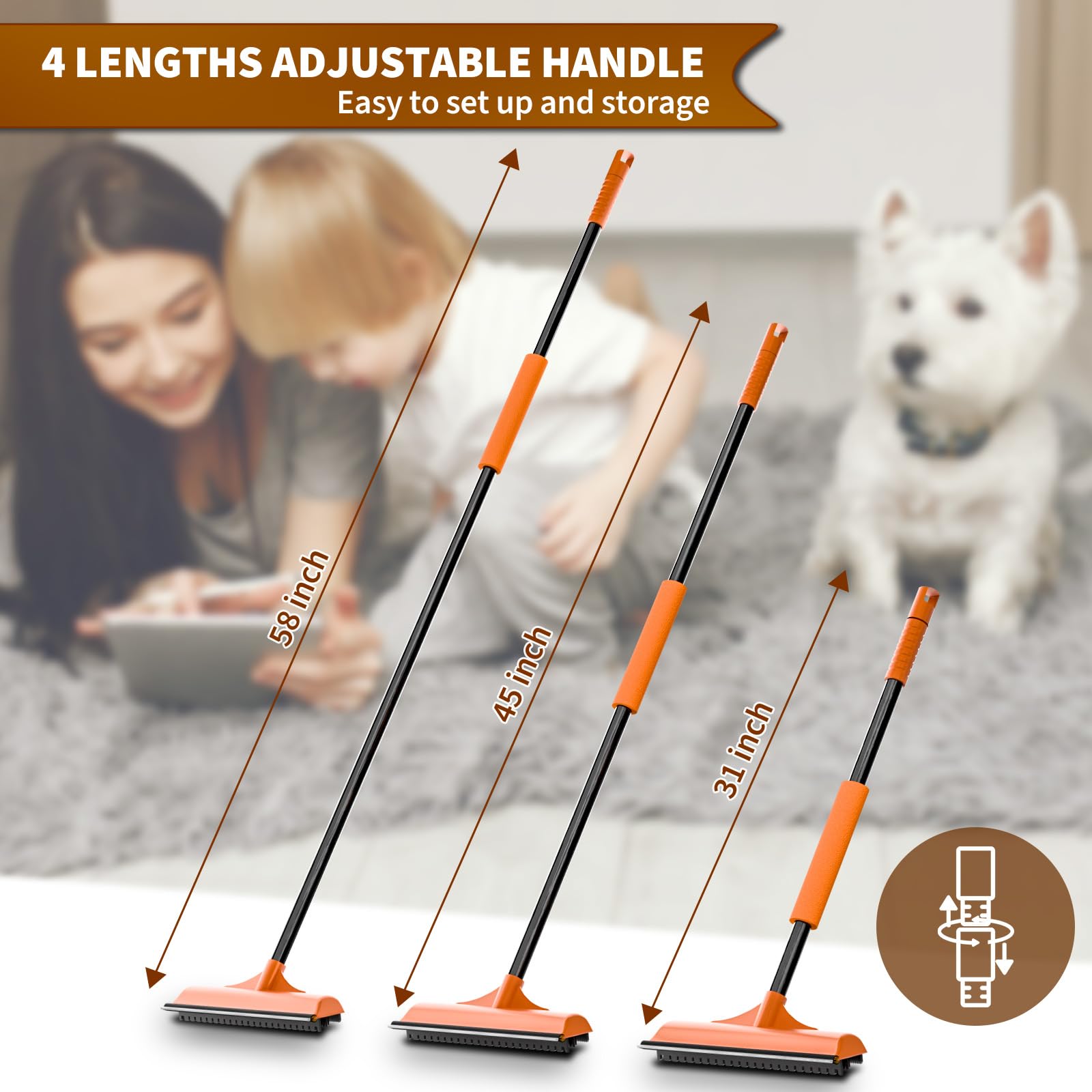 3 In 1 Carpet Rake Kit For Pet Hair Removal Tool - 58'Adjustable Handle,Rubber Broom,2 In 1 Handheld Brush,Pet Grooming Glove,C