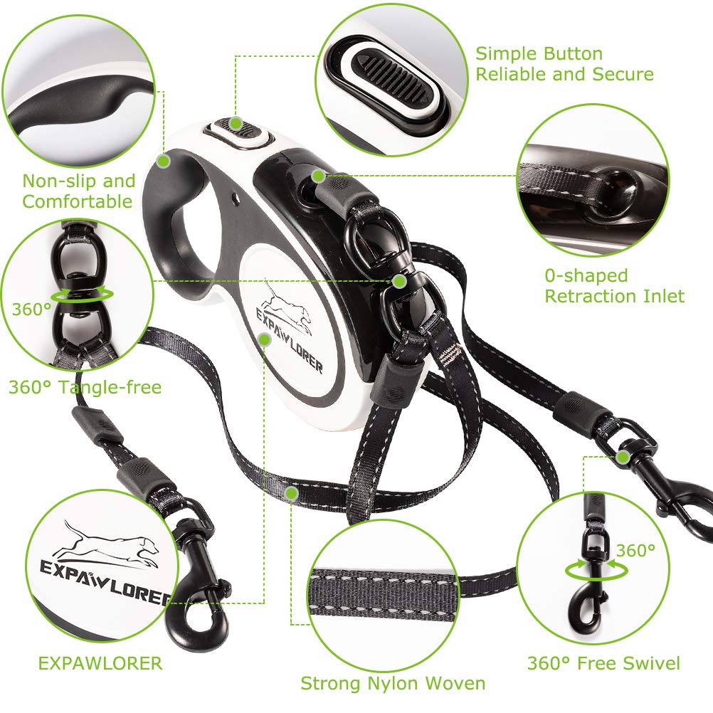 EXPAWLORER Dual Retractable Dog Leash - 16ft Reflective Nylon, Black & White, Model MDL001_BLK, Tangle-Free for Two Dogs