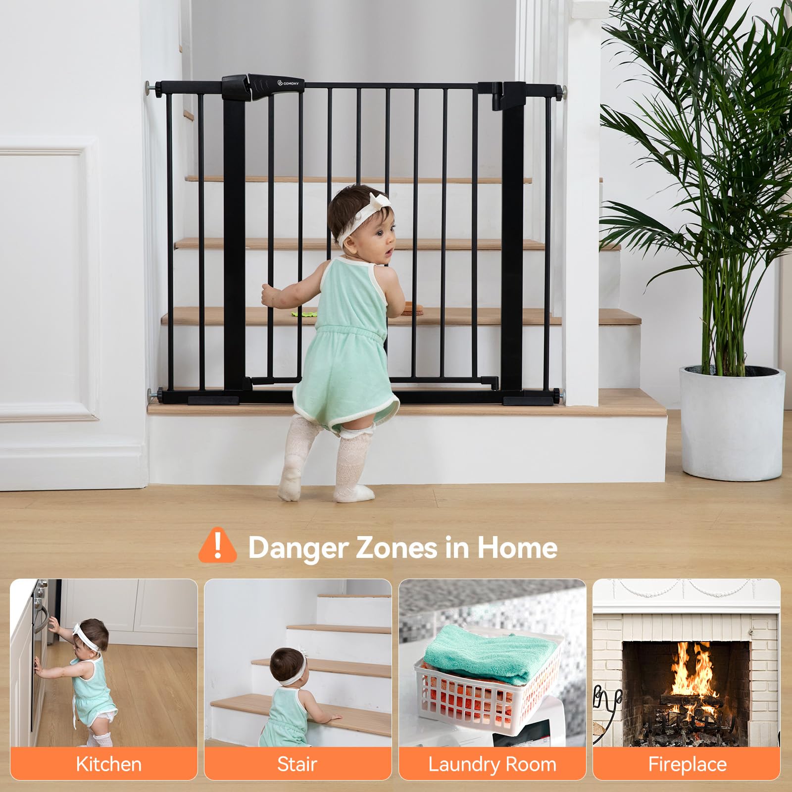 Comomy 30' Tall Baby Gate For Stairs Doorways, Fits Openings 29.5' To 40.5' Wide, Auto Close Extra Wide Dog Gate For House, Pressure Mounted Easy Walk Through Pet Gate With Door, Black