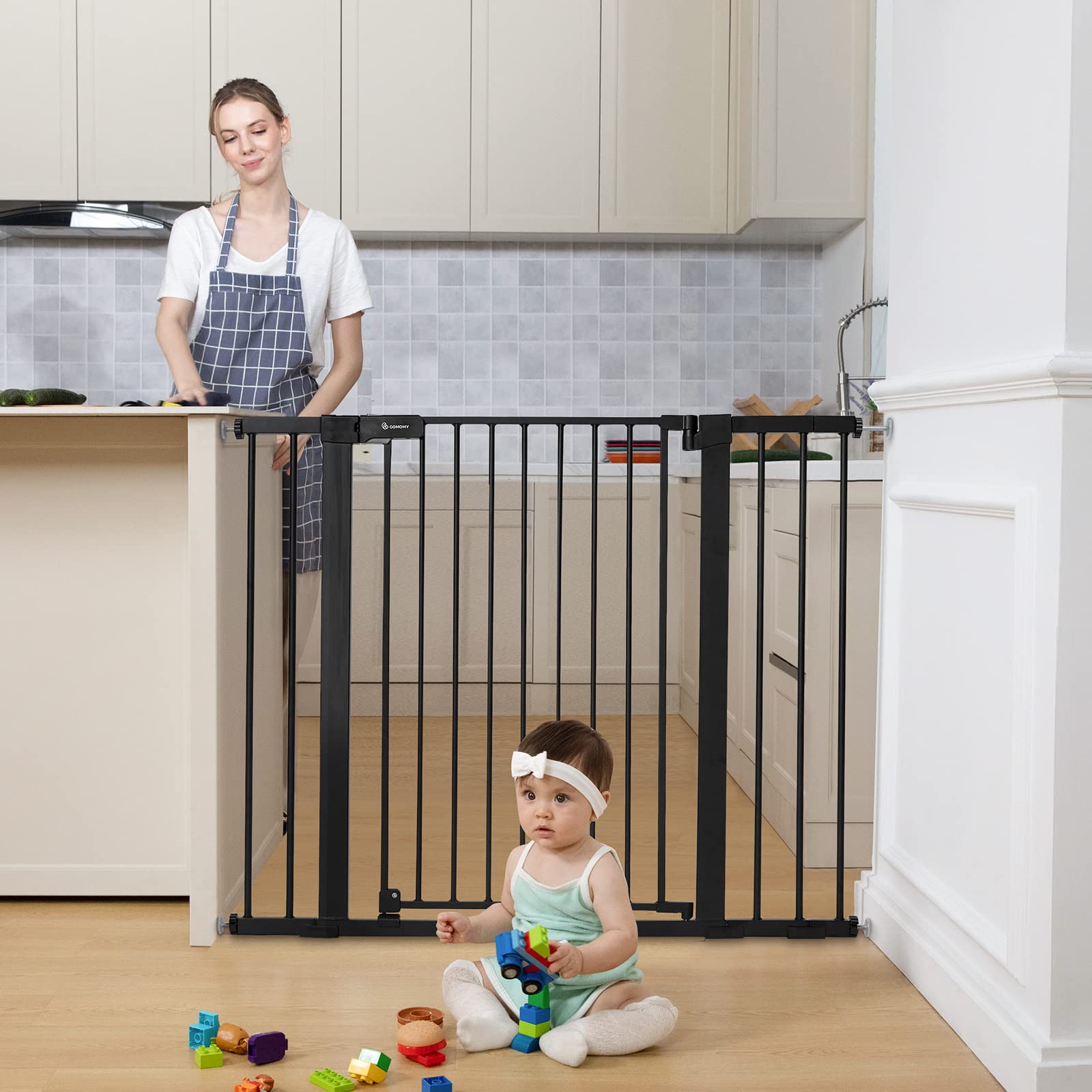 Comomy 36' Extra Tall Baby Gate For Stairs Doorways, Fits Openings 29.5' To 48.8' Wide, Auto Close Extra Wide Dog Gate For House, Pressure Mounted Easy Walk Through Pet Gate With Door, Black