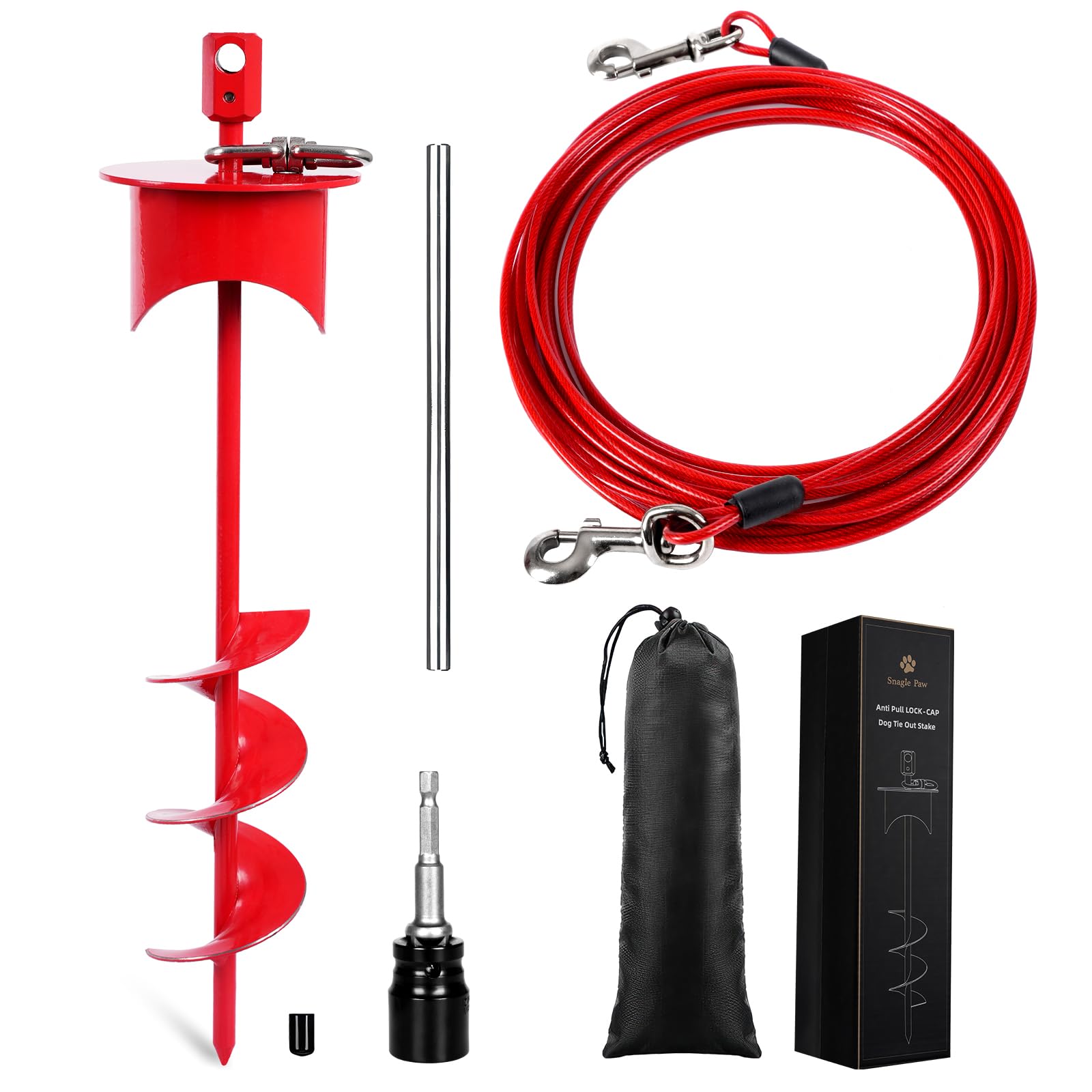 Snagle Paw Dog Tie Out Cable & Stake With Lock Cap - 20Ft Heavy Duty Rust Proof Cable, 360 Swivel Dog Yard Leash & Stake Up To 2