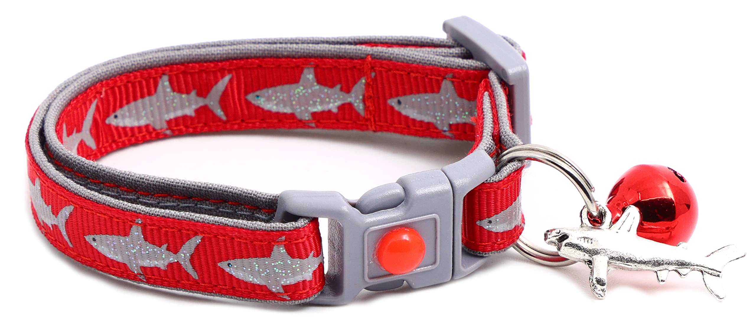 Great White Shark Cat Collar - Safety - Breakaway - Charm And Bell - Pugs2Persians (Small(10Lbs & Less), Red)