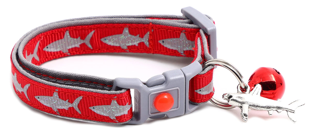 Great White Shark Cat Collar - Safety - Breakaway - Charm And Bell - Pugs2Persians (Small(10Lbs & Less), Red)