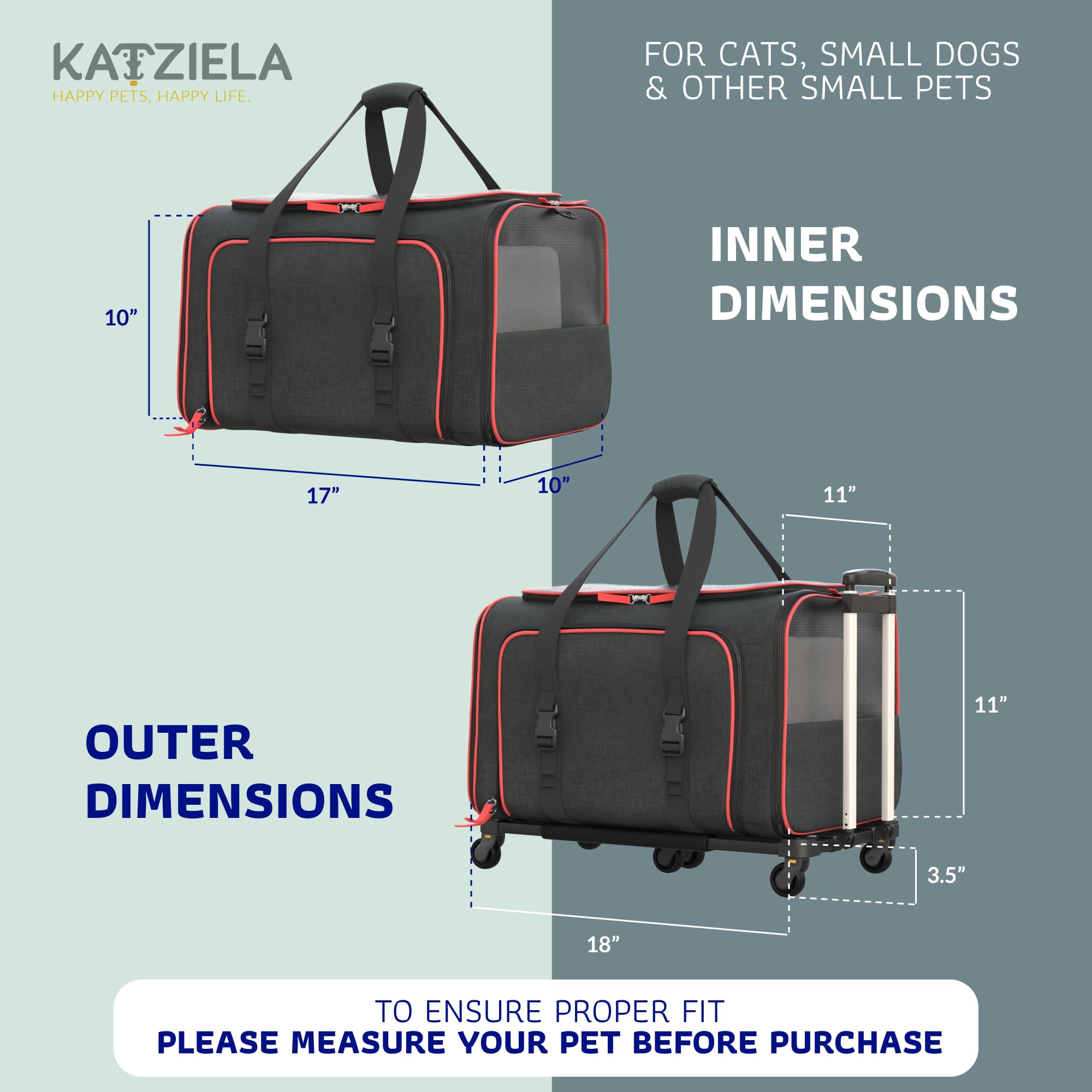 Katziela Rolling Rover Airline Compliant Expandable Premium Pet Carrier 6-Wheeled Baseboard Telescopic Handle Two-Sided Expandab