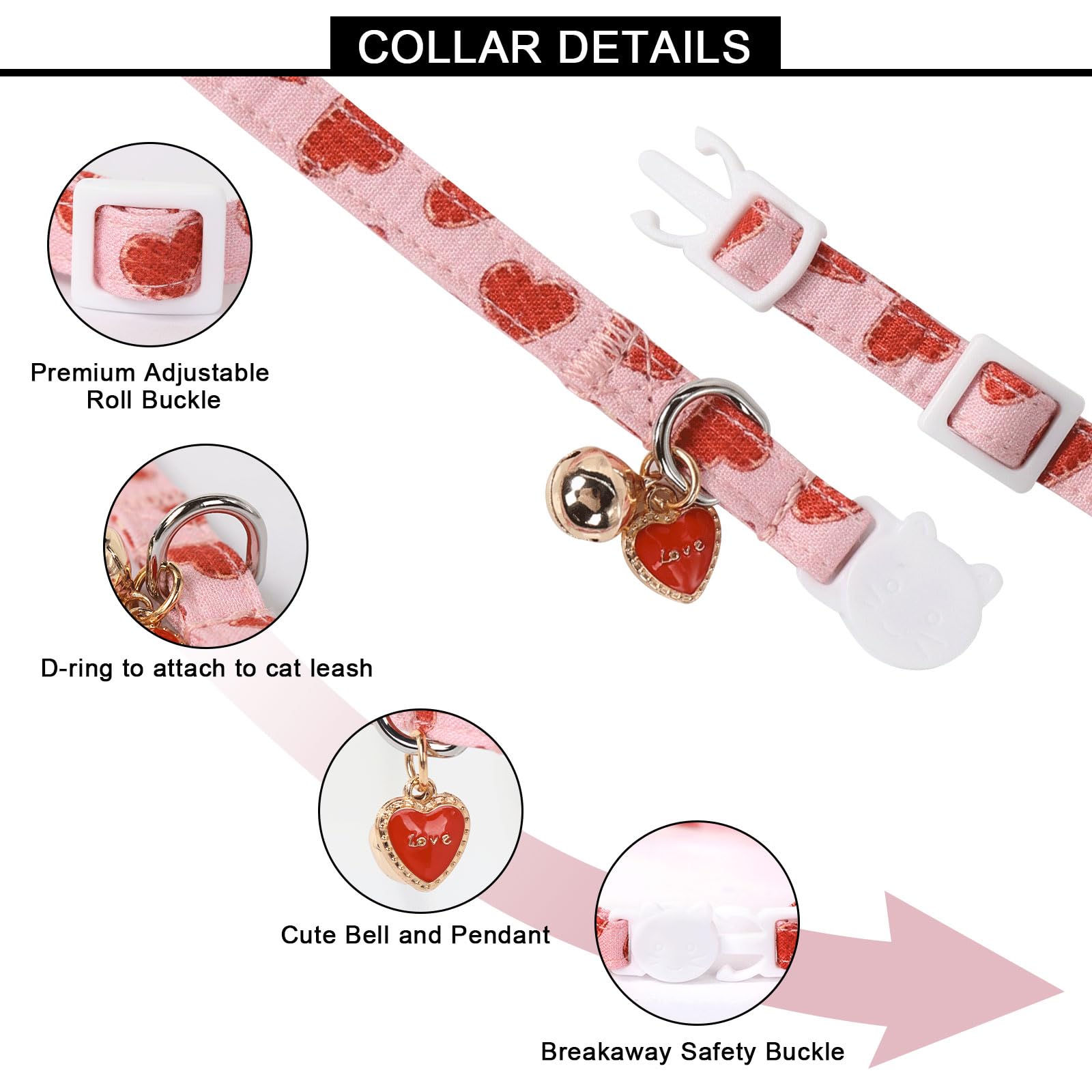 Lionet Paws 2Pcs Pack Valentine'S Day Cotton Cat Collar,Breakaway Buckle With Pink Red Heart Cute Adjustable Cat Kitten Collar,I