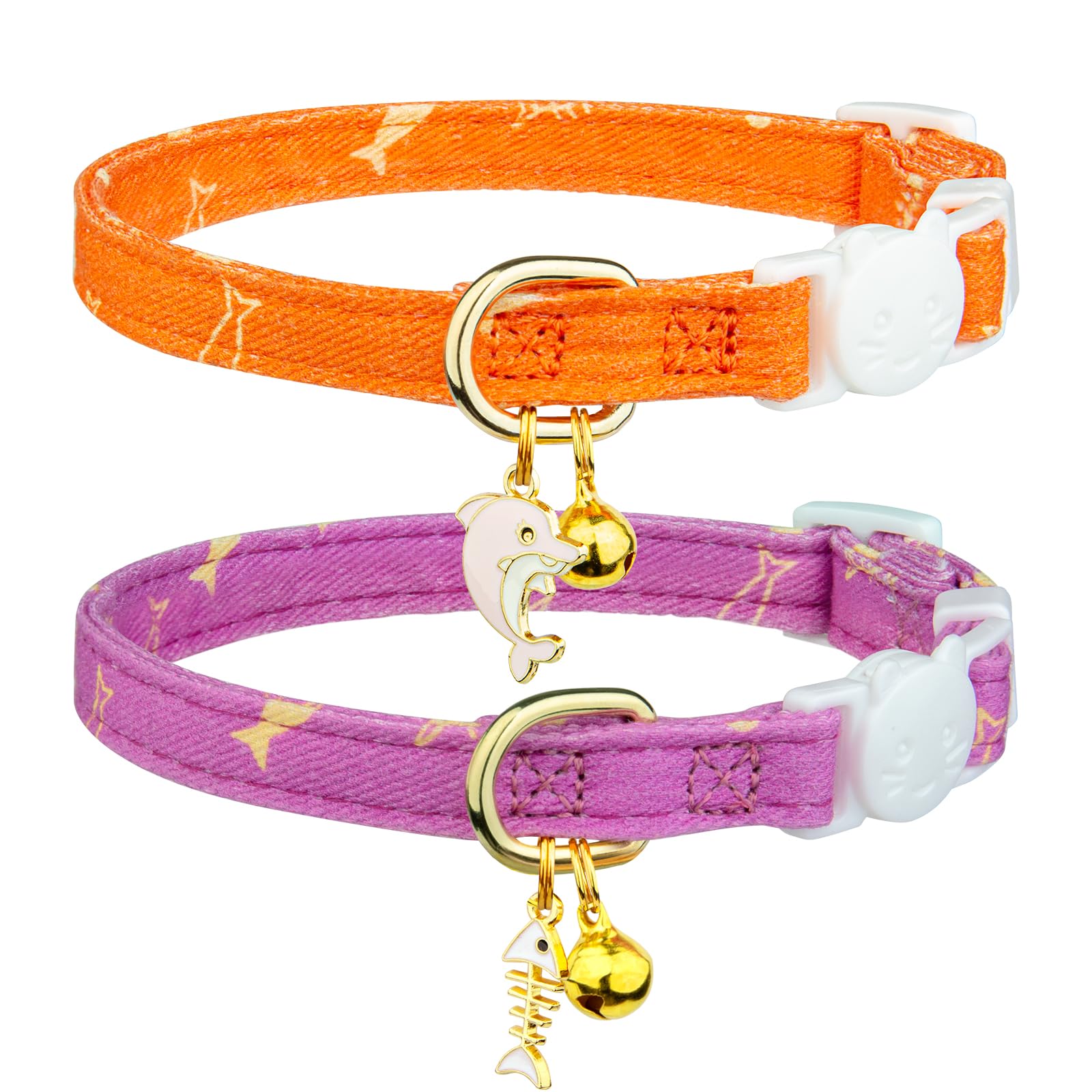 2 Pack Cotton Breakaway Cat Collar Orange And Purple Fish Pendant Cute Kitten Cat Collar With Bell