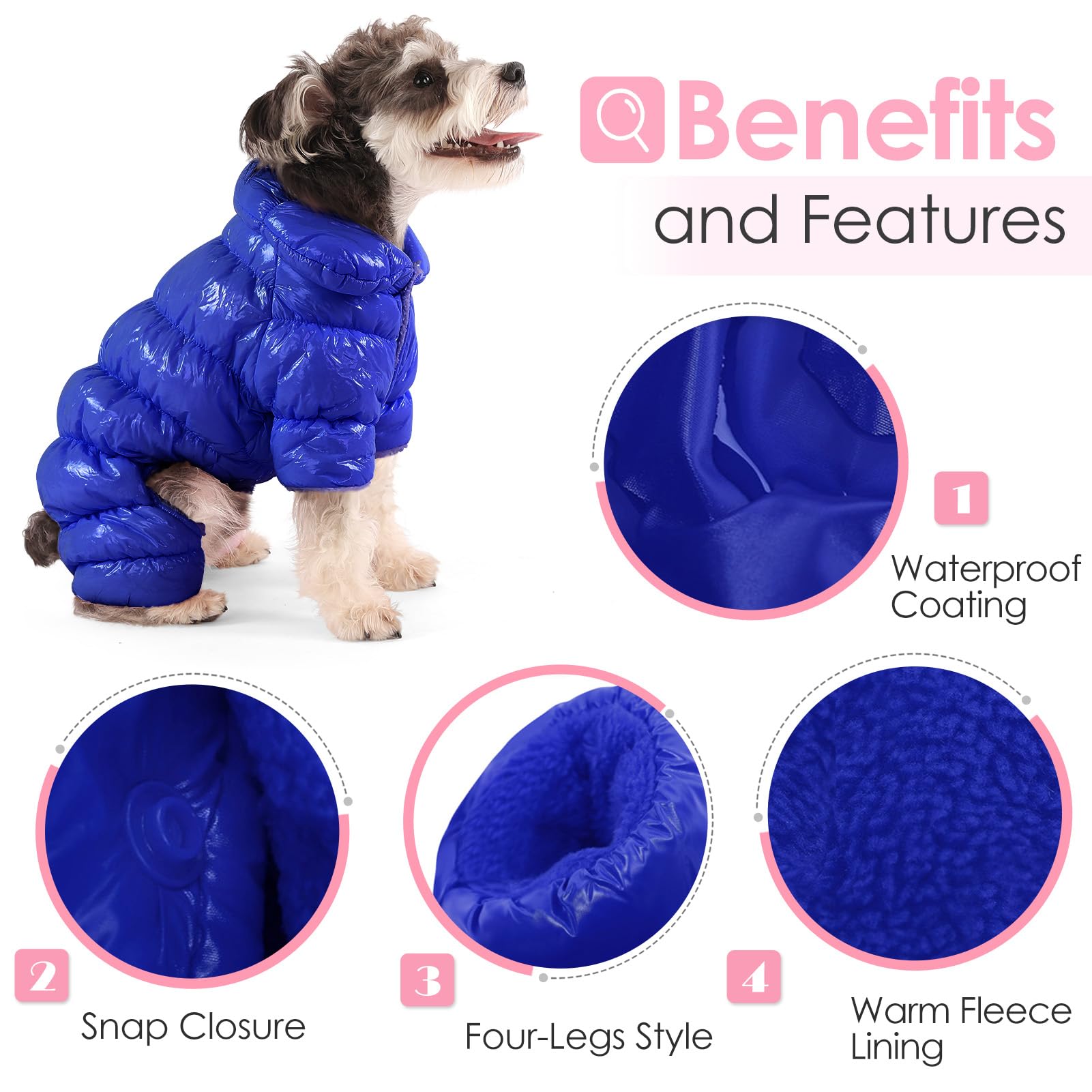 AOFITEE Dog Coat - Waterproof & Windproof Puppy Jacket for Winter, Fullbody Snowsuit, Fleece Vest, Blue, Small