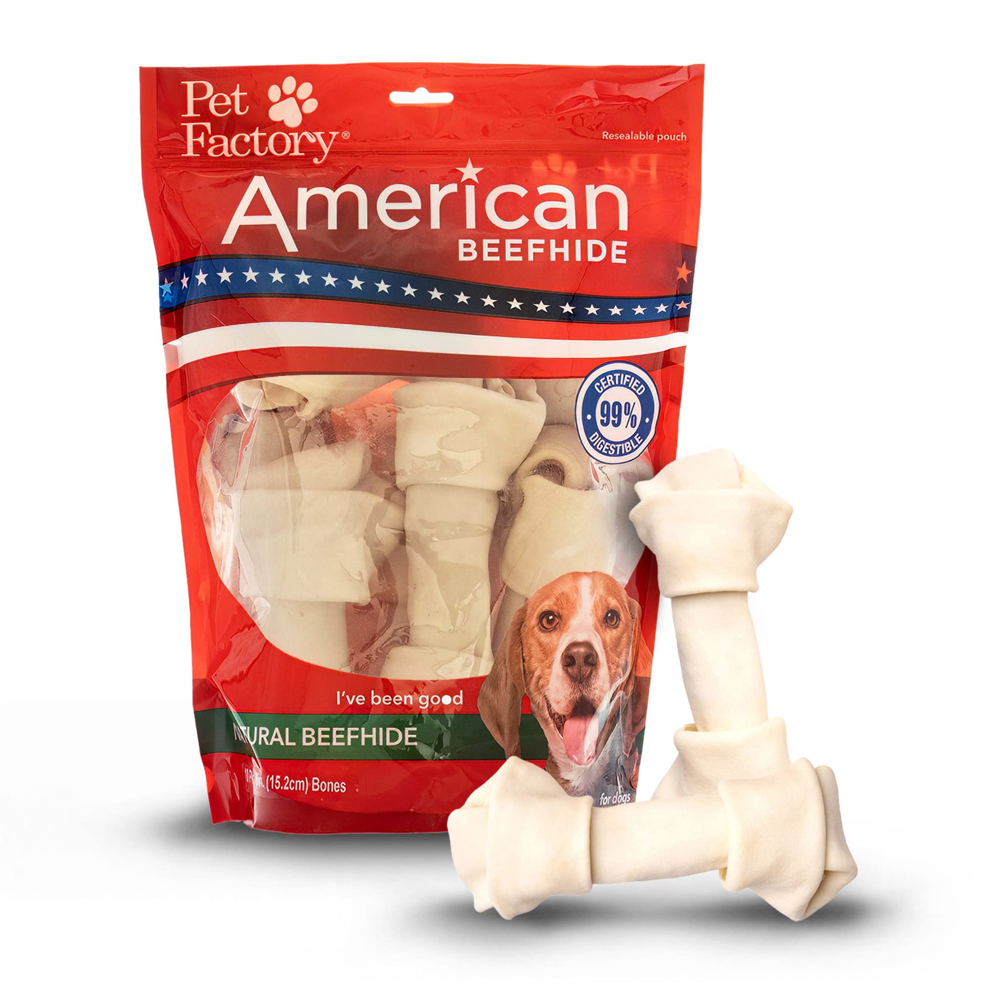 Pet Factory American Beefhide 6-7 Knotted Bones Dog Chew Treats - Natural Flavor, 10 Count/1 Pack