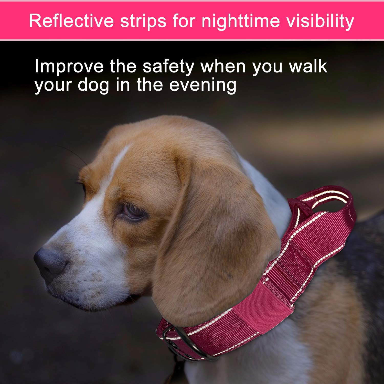 Yunleparks Reflective Dog Collar Heavy Duty Tactical With Control Handle And Metal Buckle For Dog Training(M,Pink)