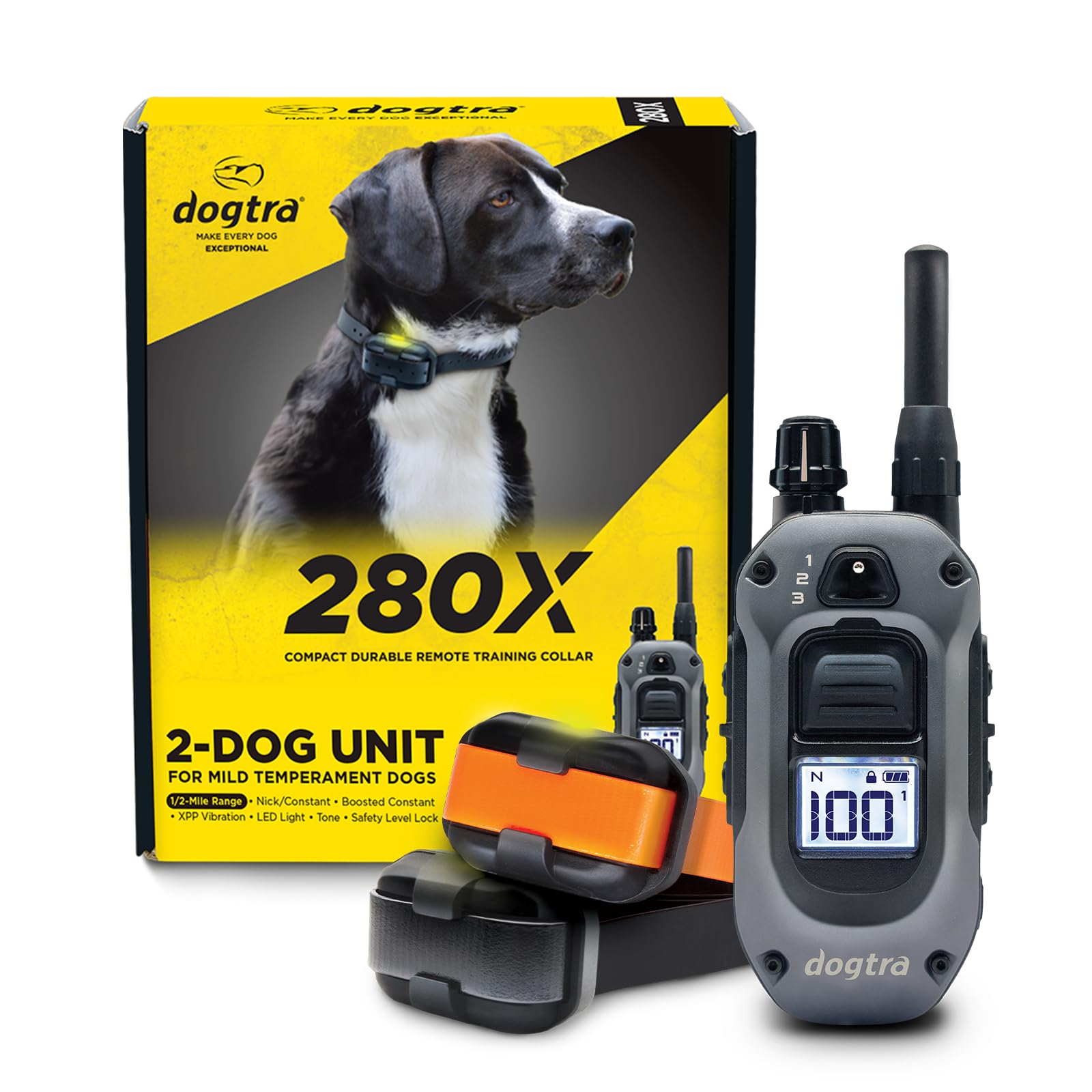 Dogtra 280X 2-Dogs E-Collar with Remote [New Edition] 10 lbs+, 1/2 Mile Range, LED Light, 100 Levels of Control for Stubborn Dog