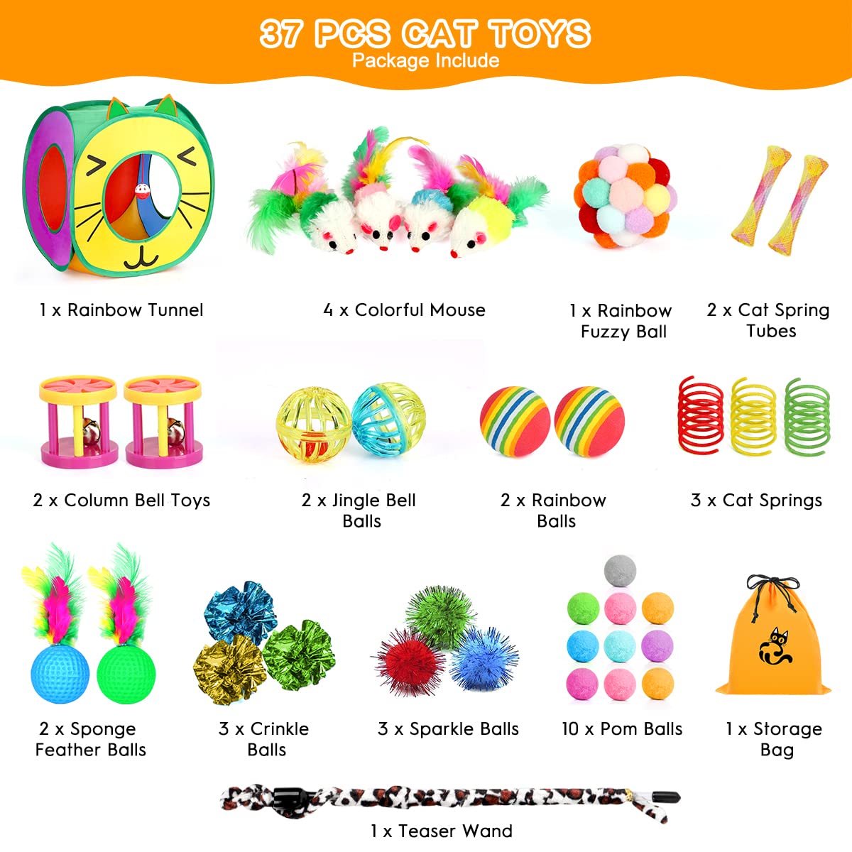 37 Pcs Cat Toys, Interactive Kitten Toys For Indoor Kitty, Variety Catnip Toy Set Including Collapsible Cat Tunnel Tube Tent, Ca