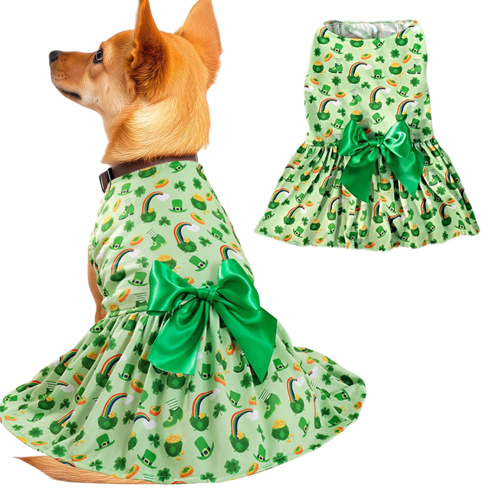 Habbiful Dog St Patricks Day Outfit, Puppy Dog St.Patrick'S Day Clothes Green Shamrock Dog Skirt Rainbow Top Hats Dog Dress Spri